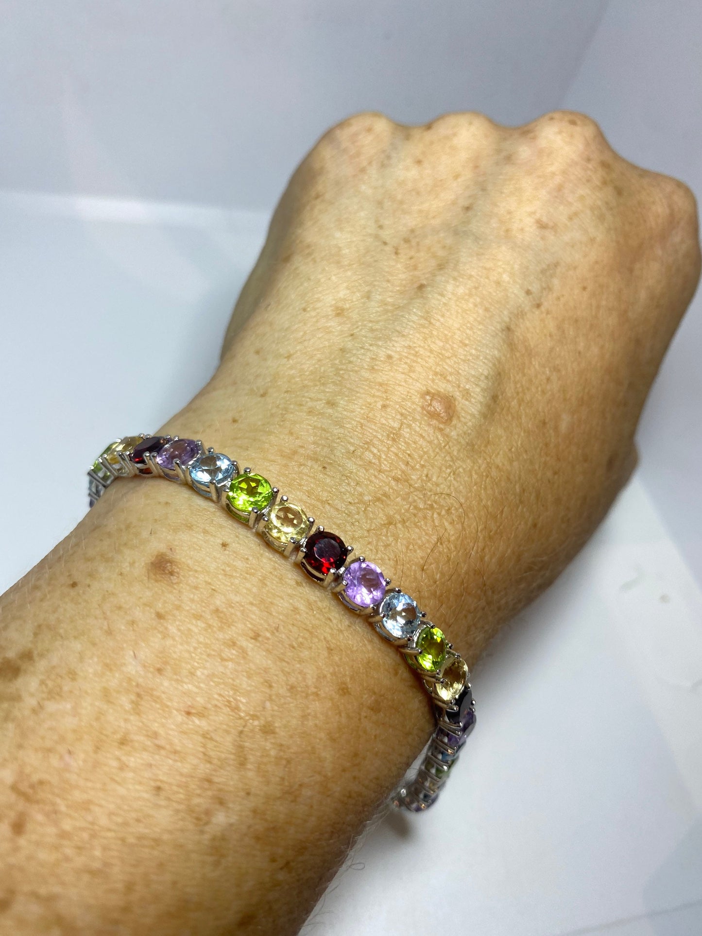 Vintage Mixed Gemstone 925 Sterling Silver Tennis Bracelet