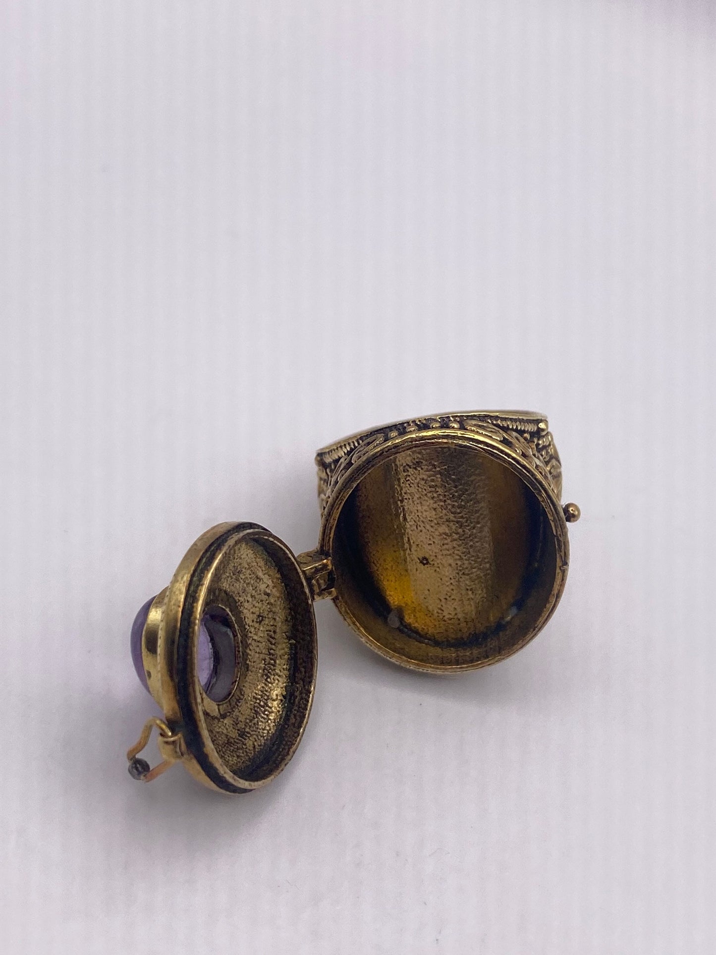 Vintage Purple Amethyst Brass Poison Pillbox Ring