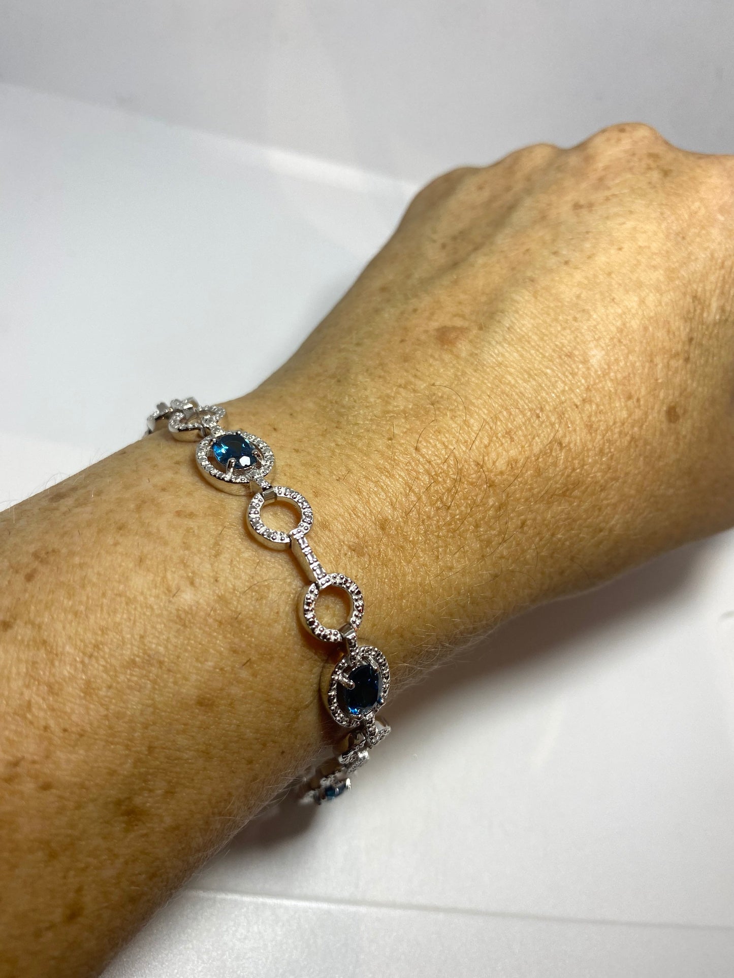Vintage London Blue Topaz Diamond 925 Sterling Silver Tennis Bracelet 7 inch