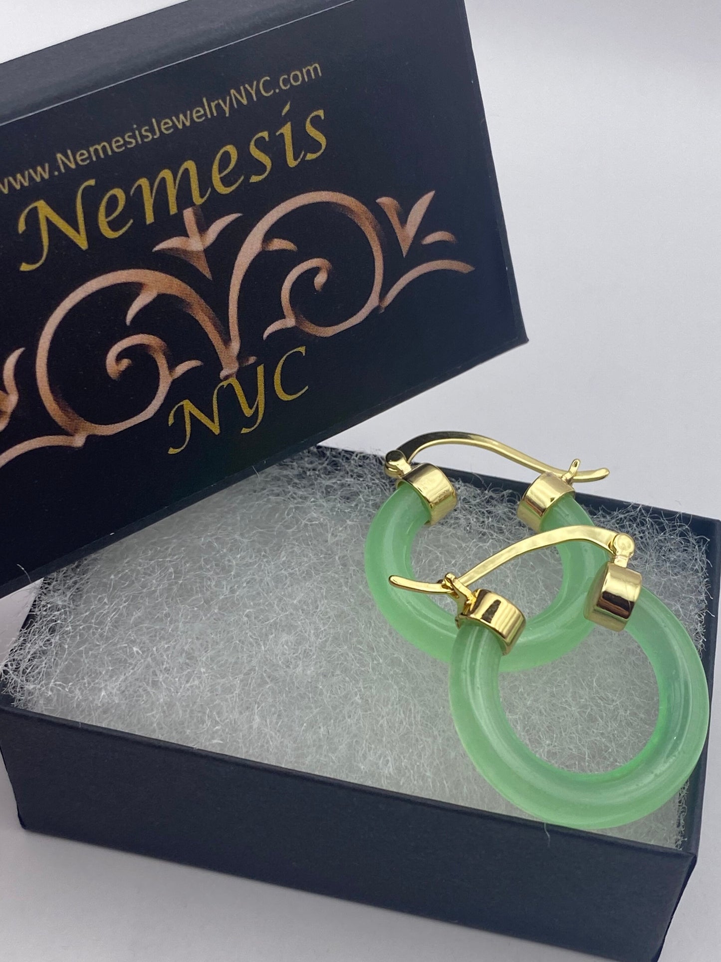 Vintage Fun Light Green Jade Hoop Earrings in Bronze