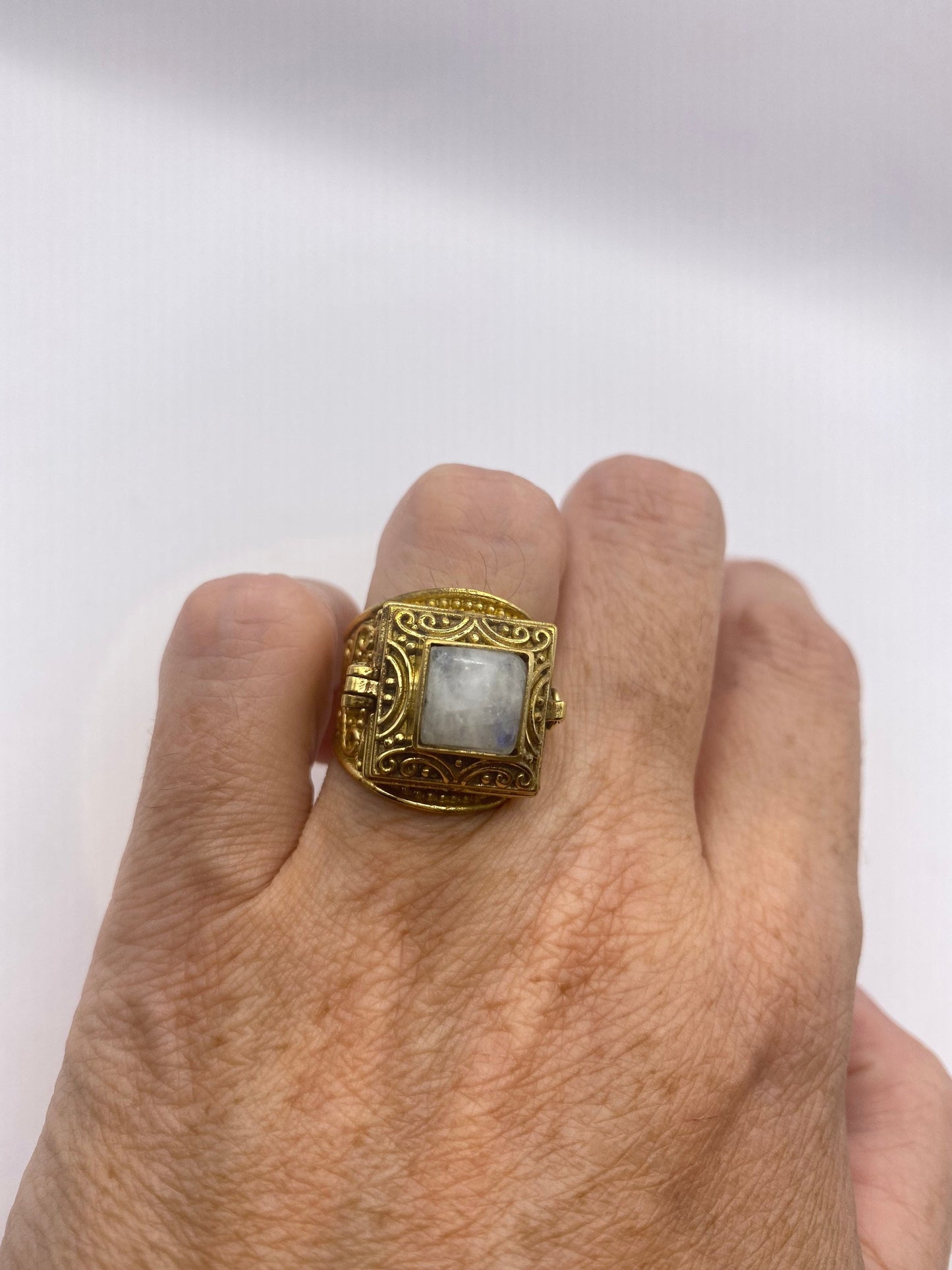 Vintage Rainbow Moonstone Brass Poison Pillbox Ring