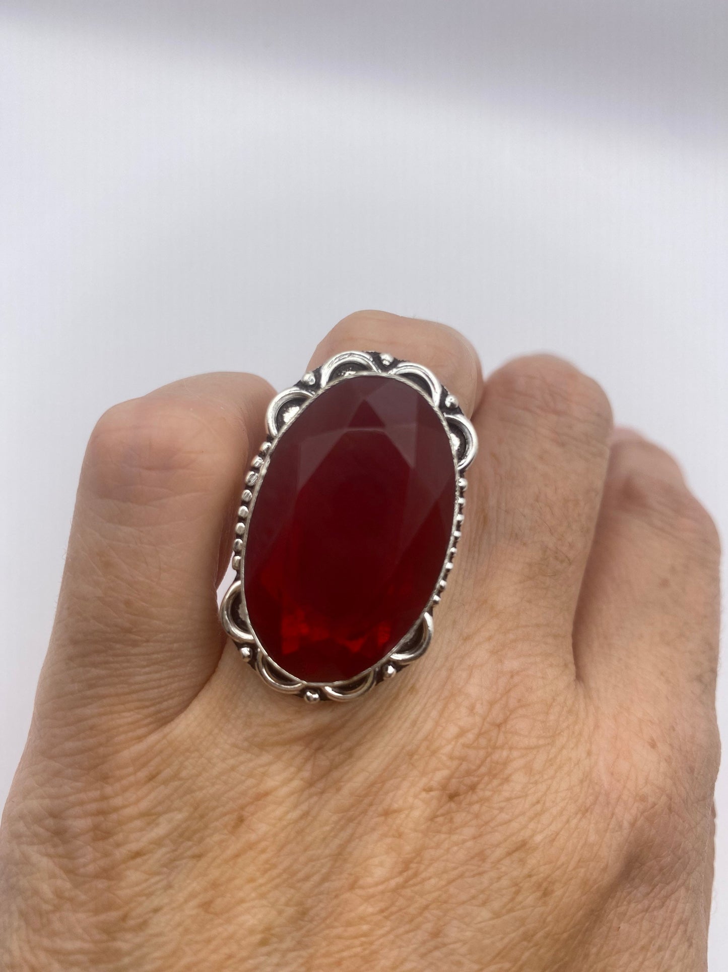 Vintage Red Ruby Glass Ring Antique Art Glass Statement Cocktail