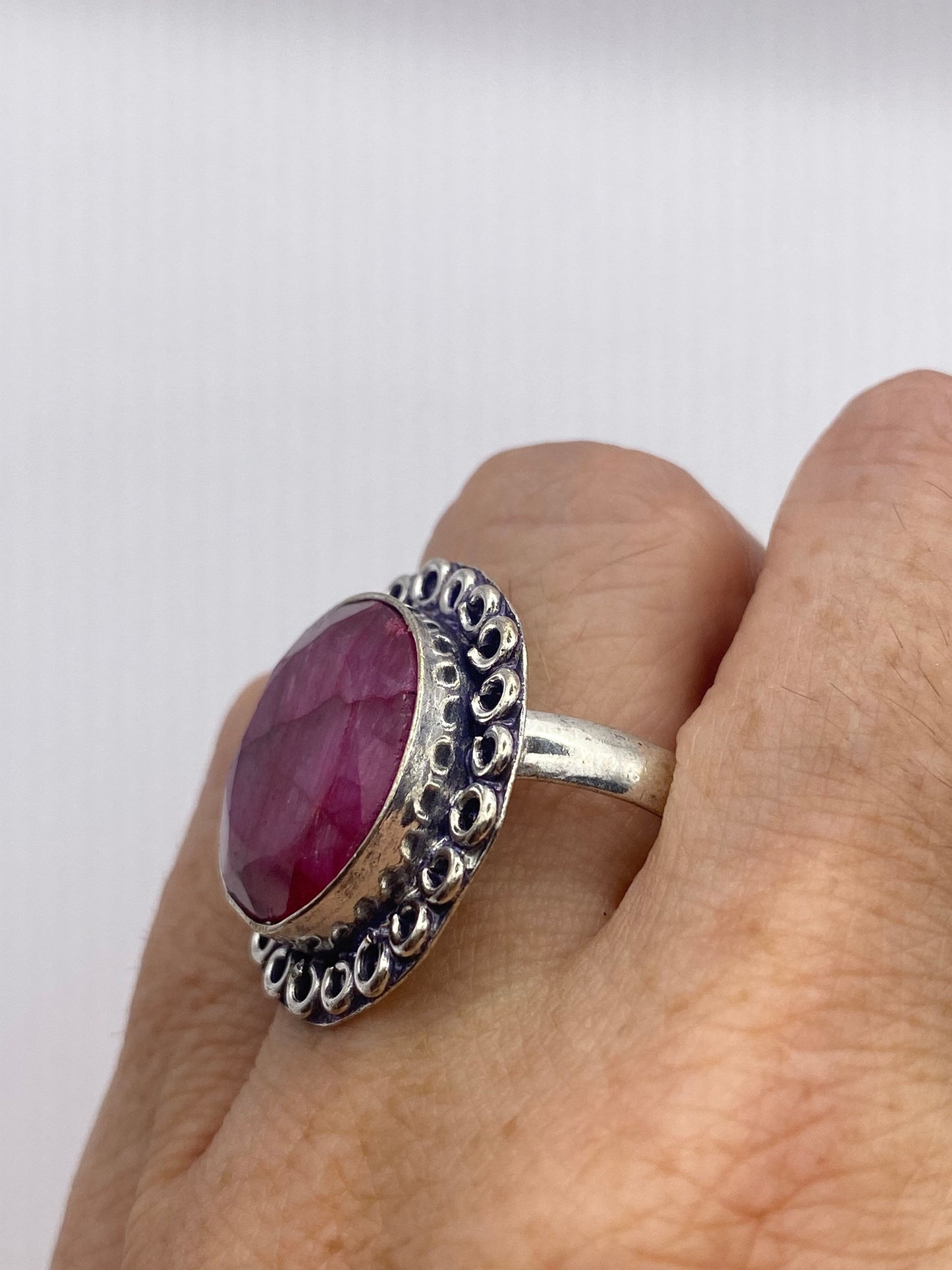 Vintage Raw Pink Ruby Deco Silver Cocktail Ring