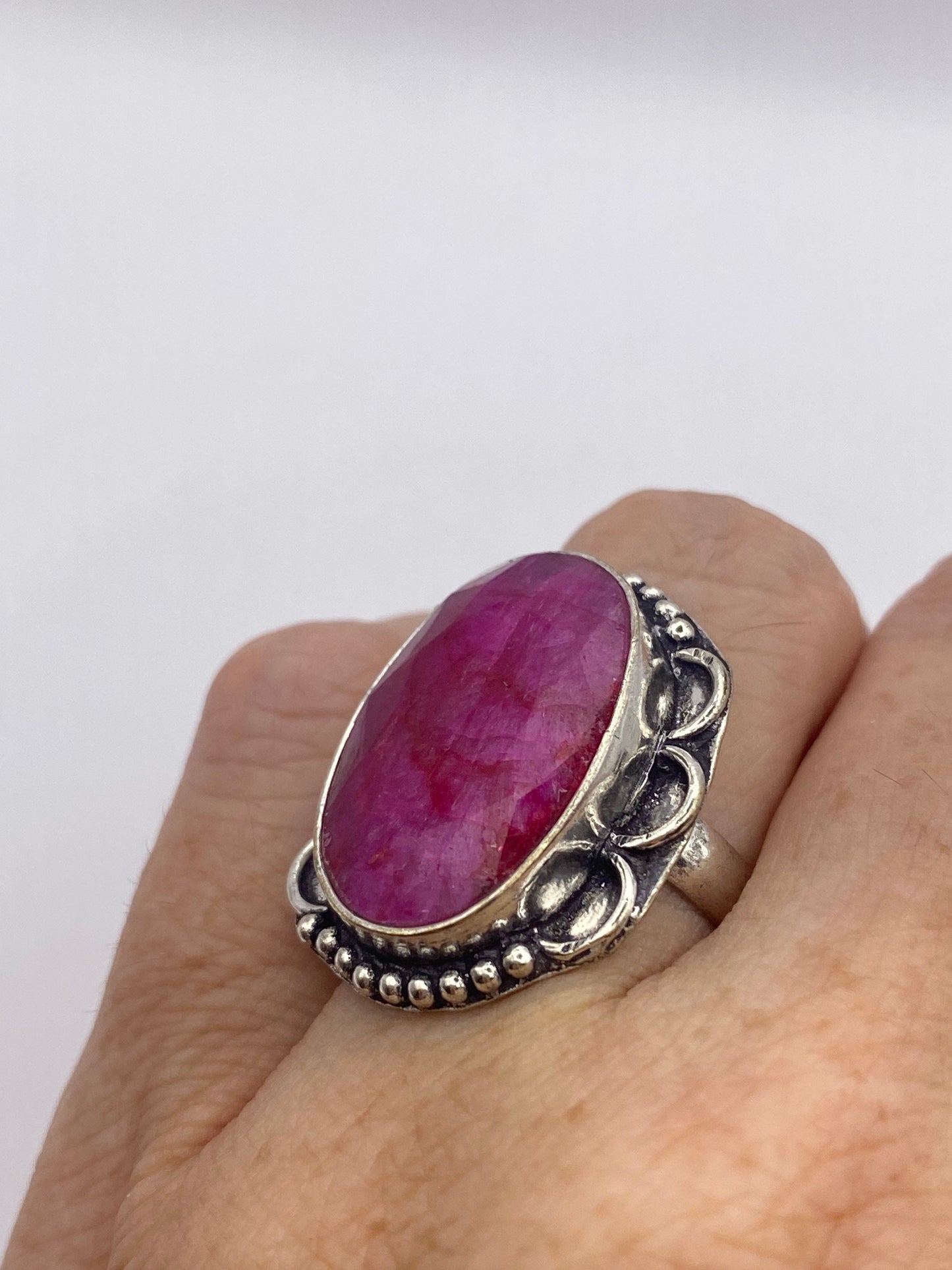 Vintage Raw Pink Ruby Deco Silver Cocktail Ring