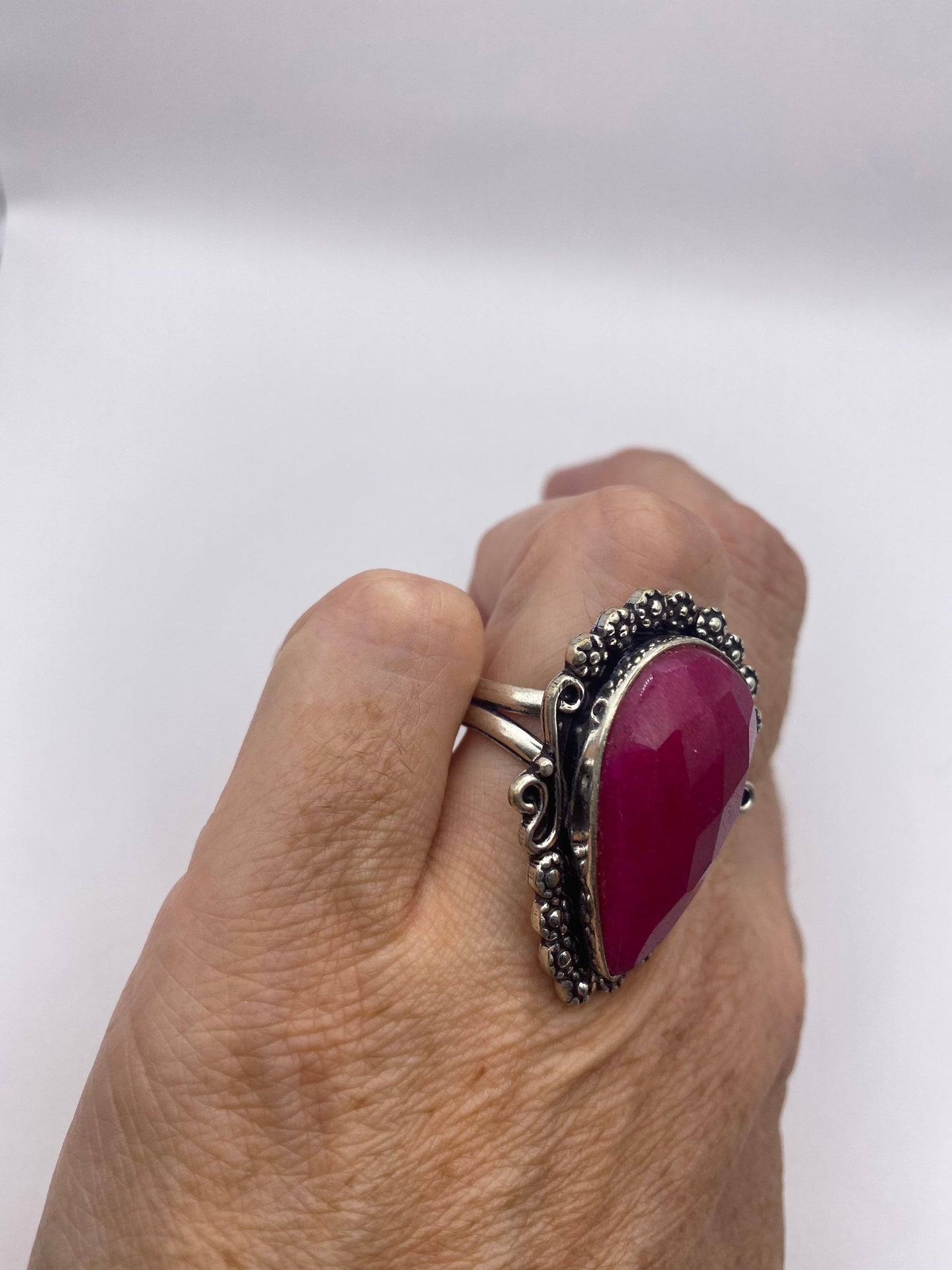 Vintage Raw Pink Ruby Deco Silver Cocktail Ring
