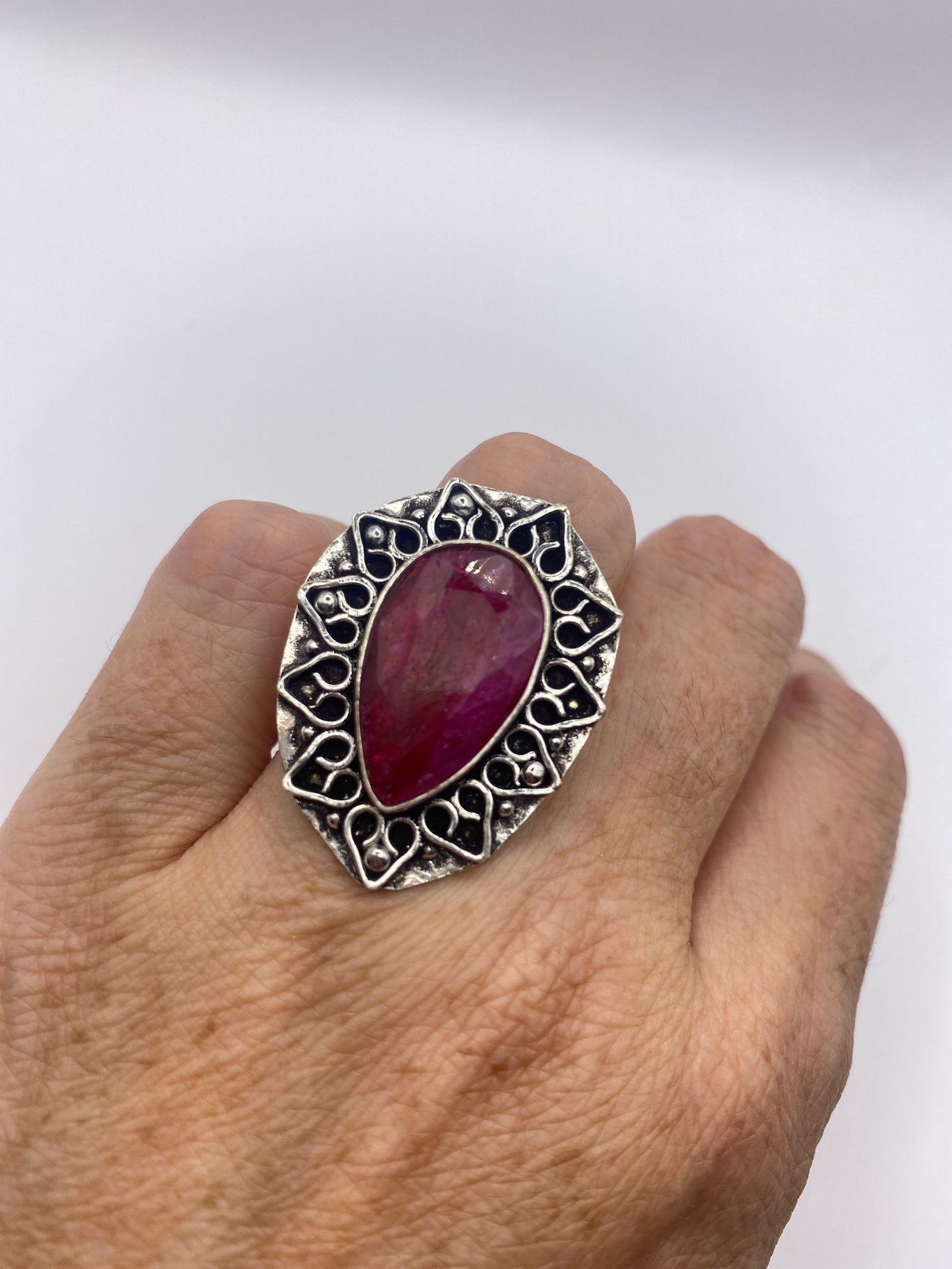 Vintage Raw Pink Ruby Deco Silver Cocktail Ring