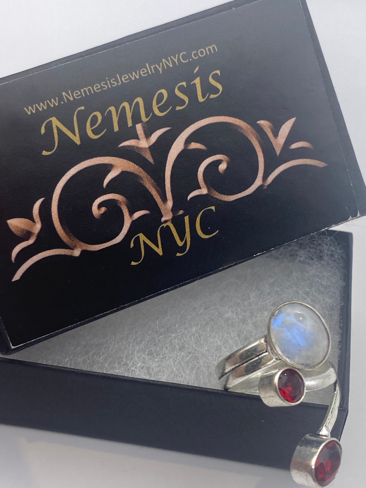 Vintage Genuine Blue White Rainbow Moonstone Ruby Glass Ring Statement Cocktail Size Adjustable