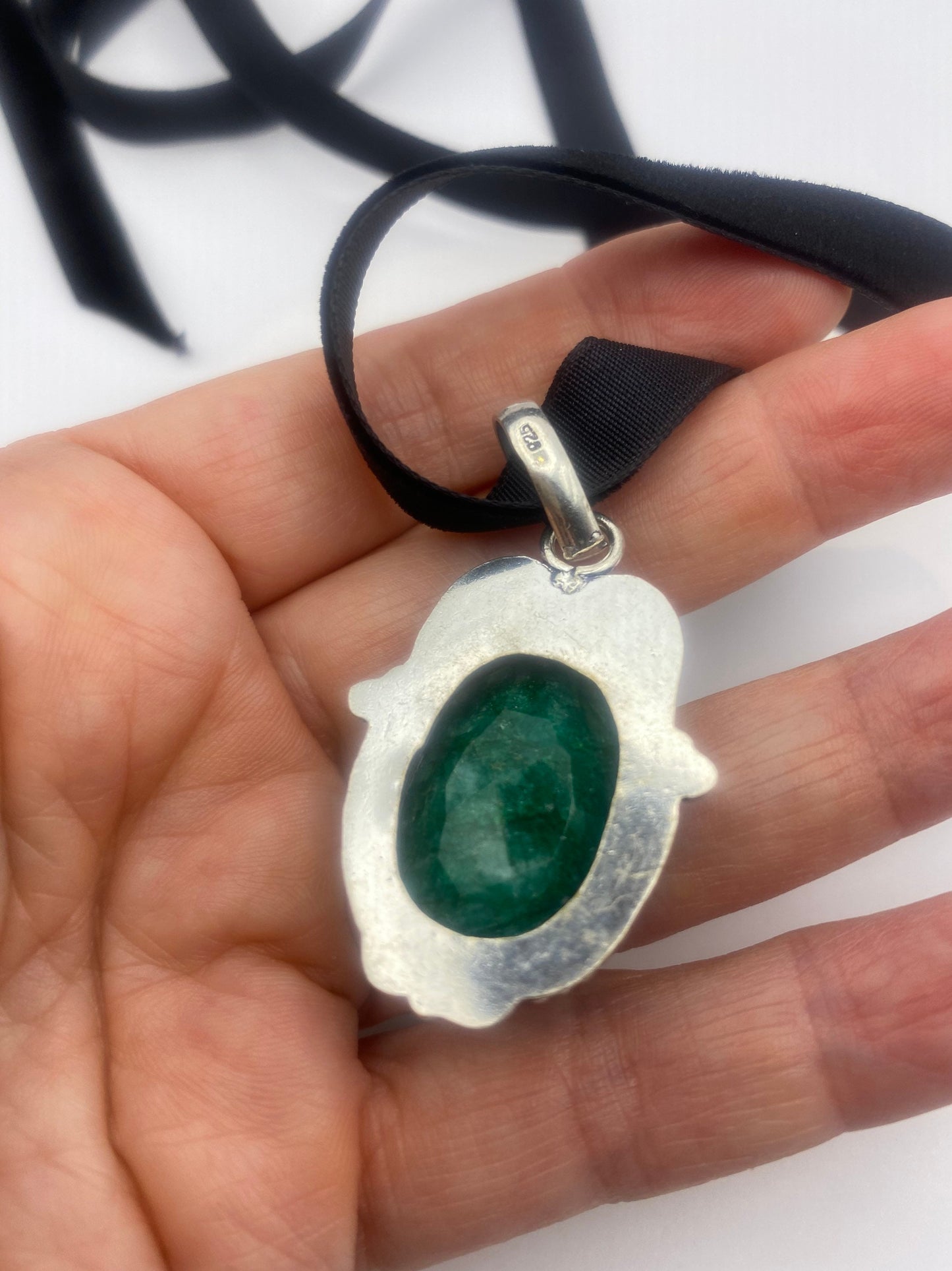 Vintage Green Raw Emerald Crystal Black Velvet Choker Pendant