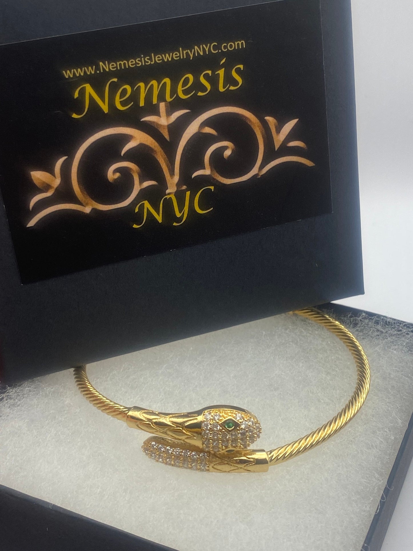 Vintage Snake Bangle Bracelet Gold filled Green Crystal Eyes