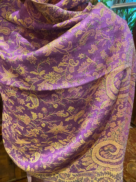 Vintage Purple Gold Paisley Brocade Pashmina Scarf Wrap Shawl