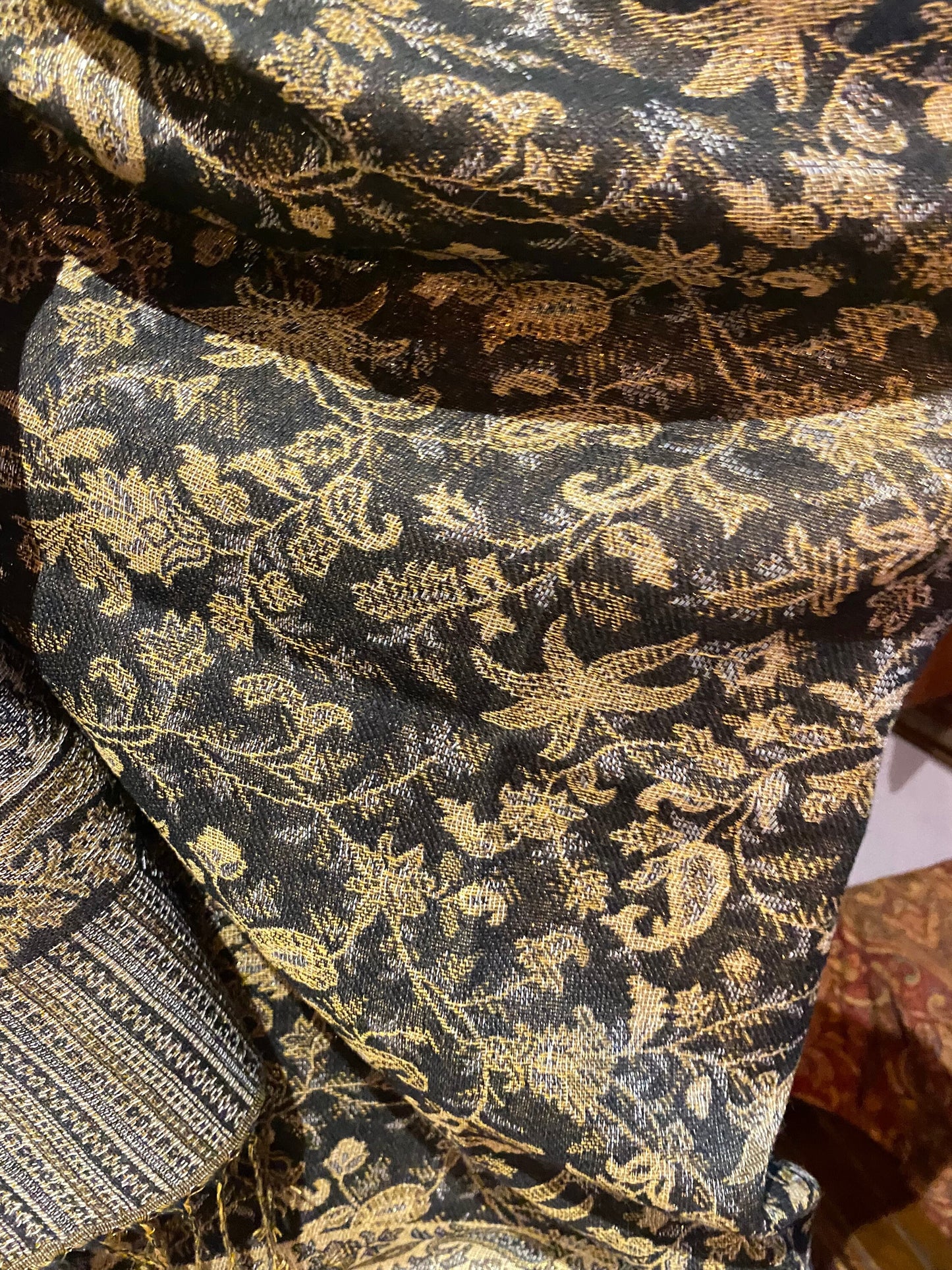 Vintage Black Gold Paisley Brocade Pashmina Scarf Wrap Shawl