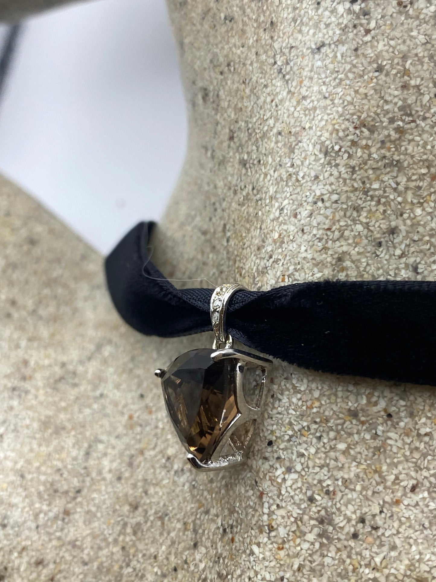 Vintage Smoky Topaz Diamond Choker 925 Sterling Silver Pendant Necklace