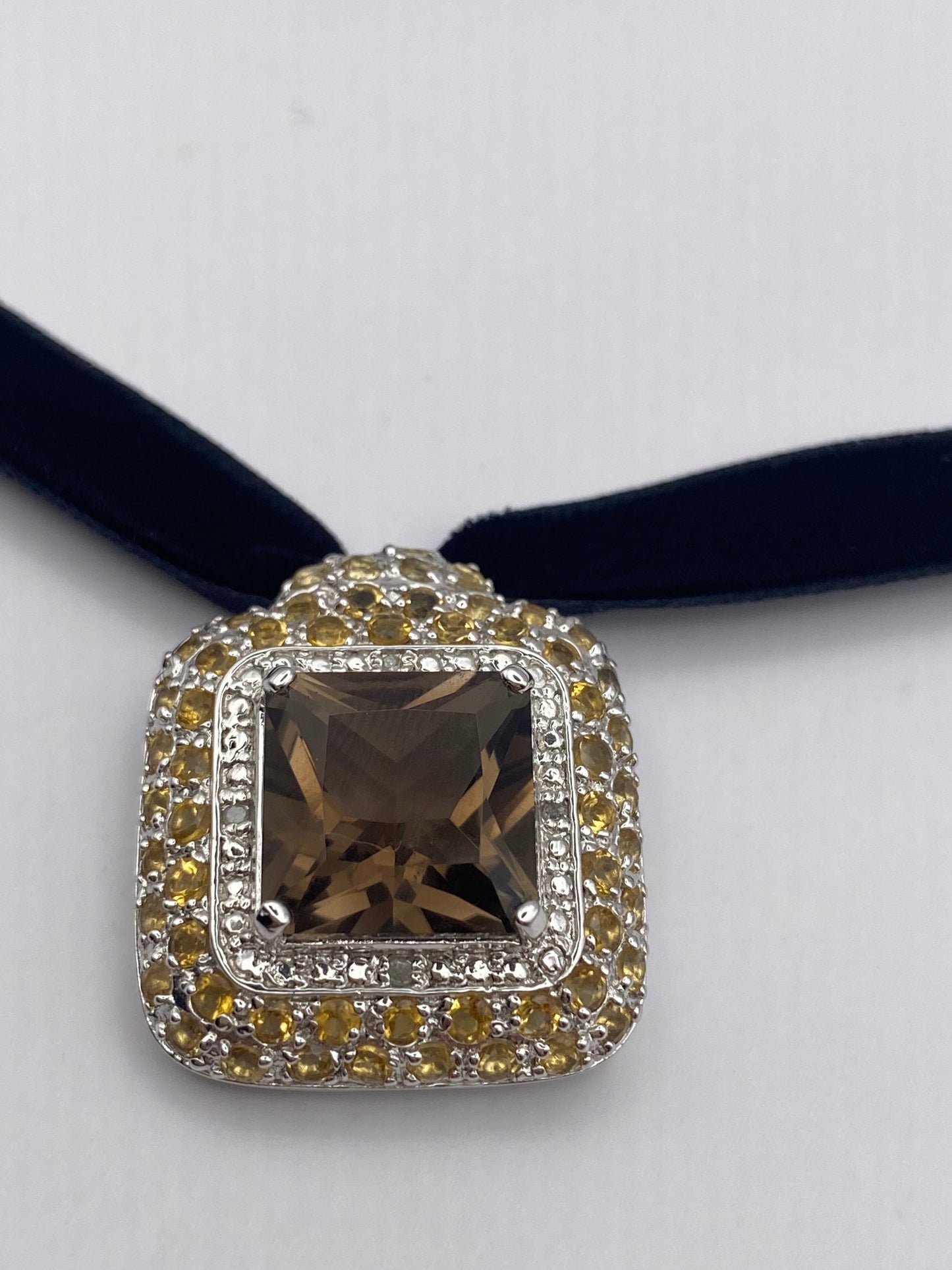 Vintage Smoky Topaz Choker 925 Sterling Silver Pendant Necklace