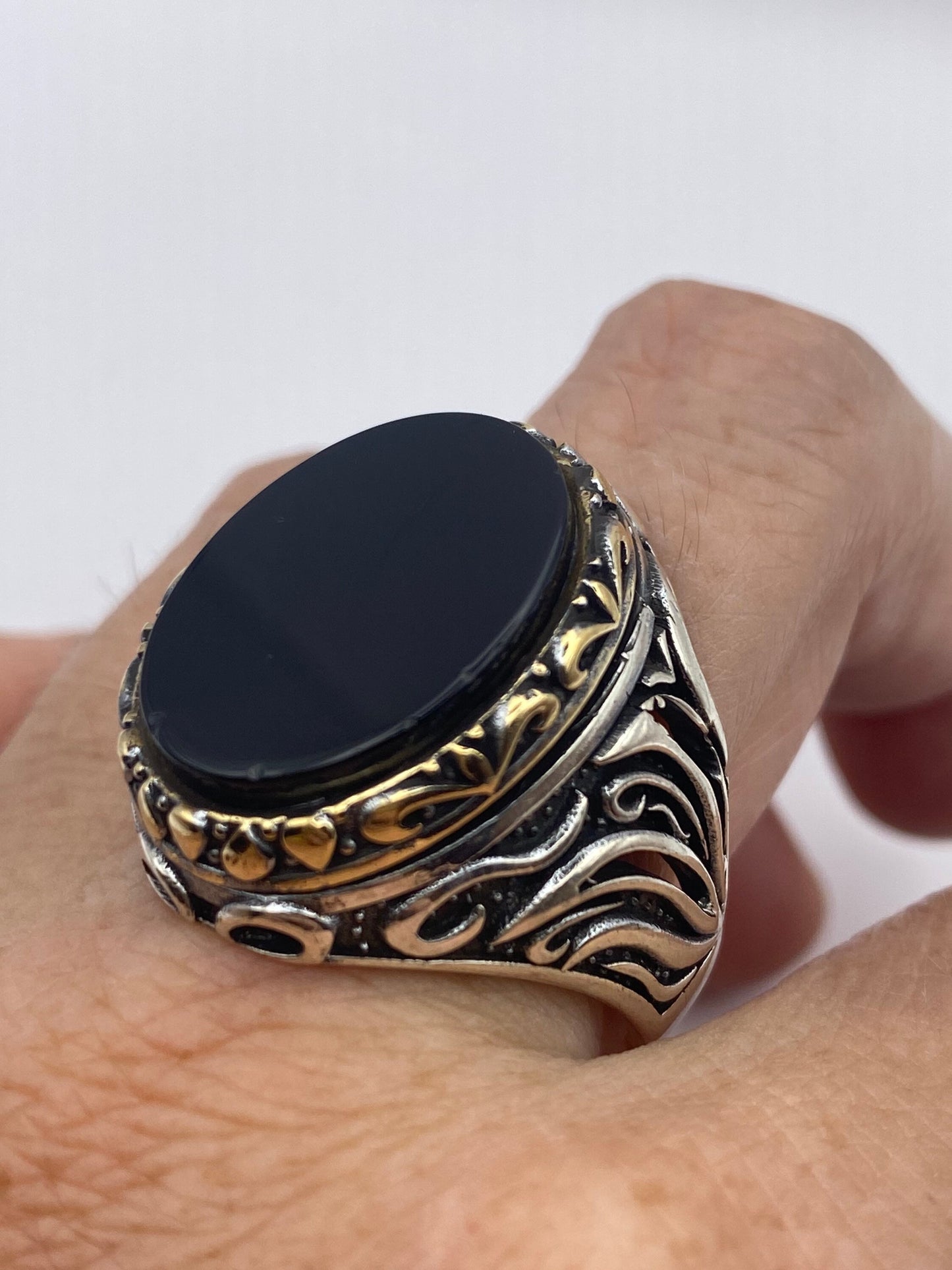 Vintage Onyx Mens Ring in 925 Sterling Silver Persian Genuine Black Onyx