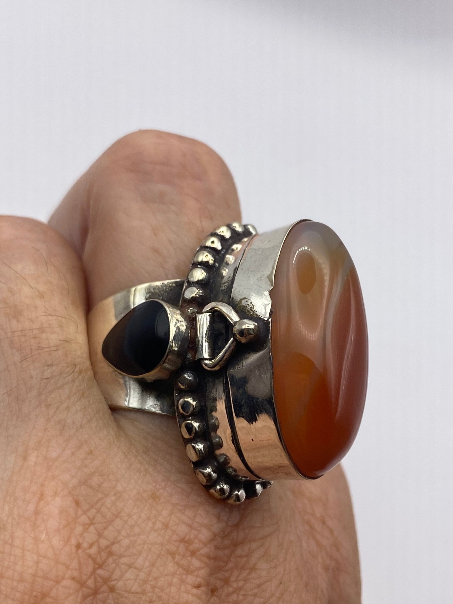 Vintage Carnelian Silver Bronze Poison Pillbox Adjustable Ring