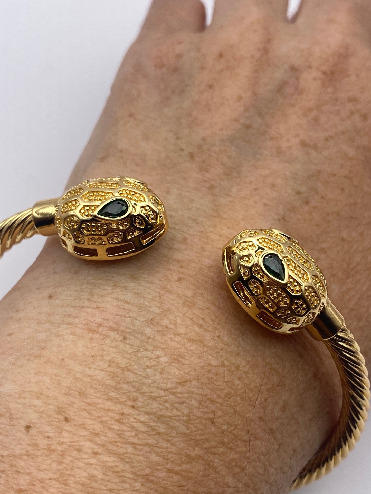 Vintage Snake Bangle Bracelet Gold filled Green Crystal Eyes
