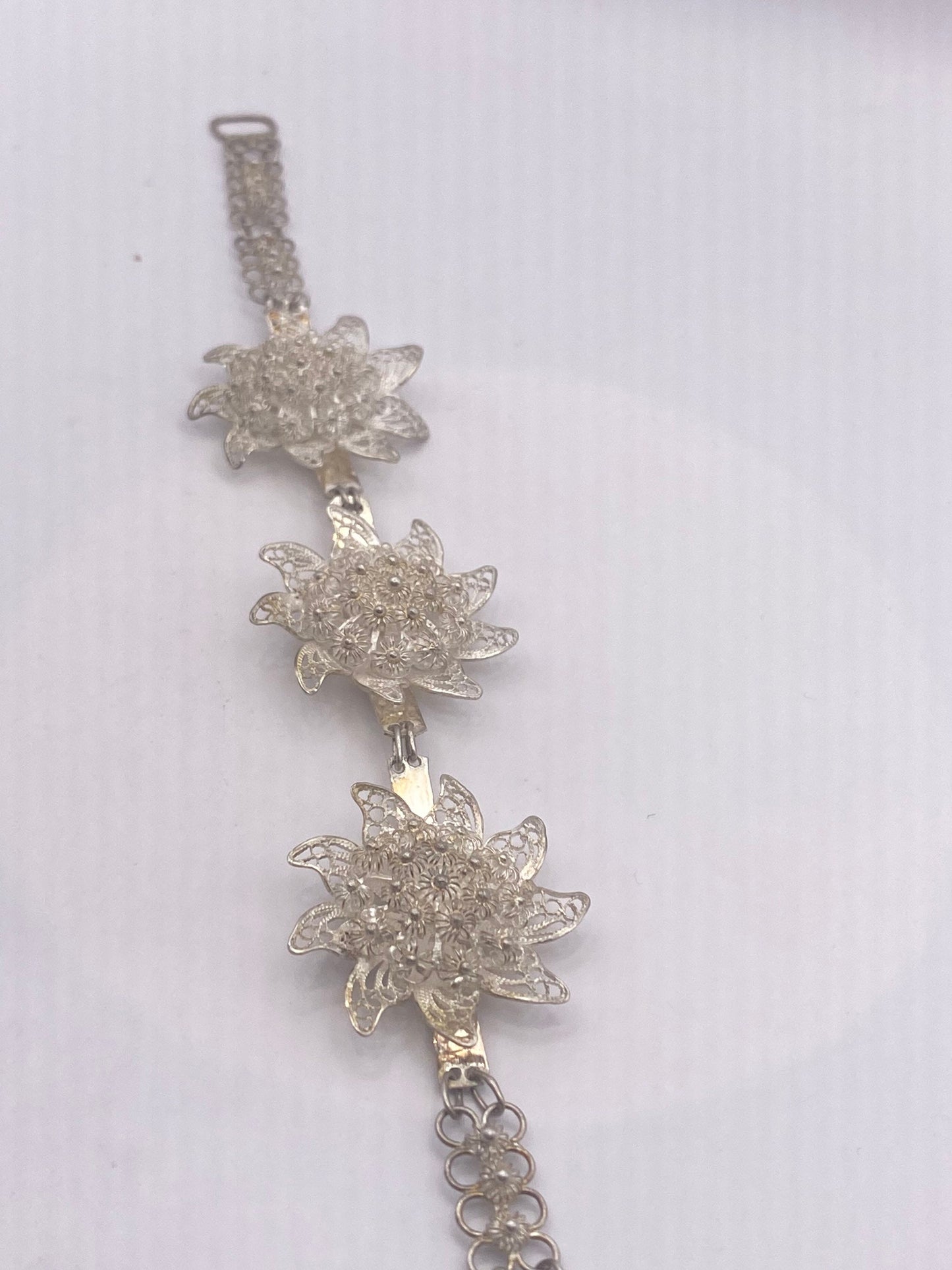 Vintage 925 Sterling Silver Filigree Flower Bracelet