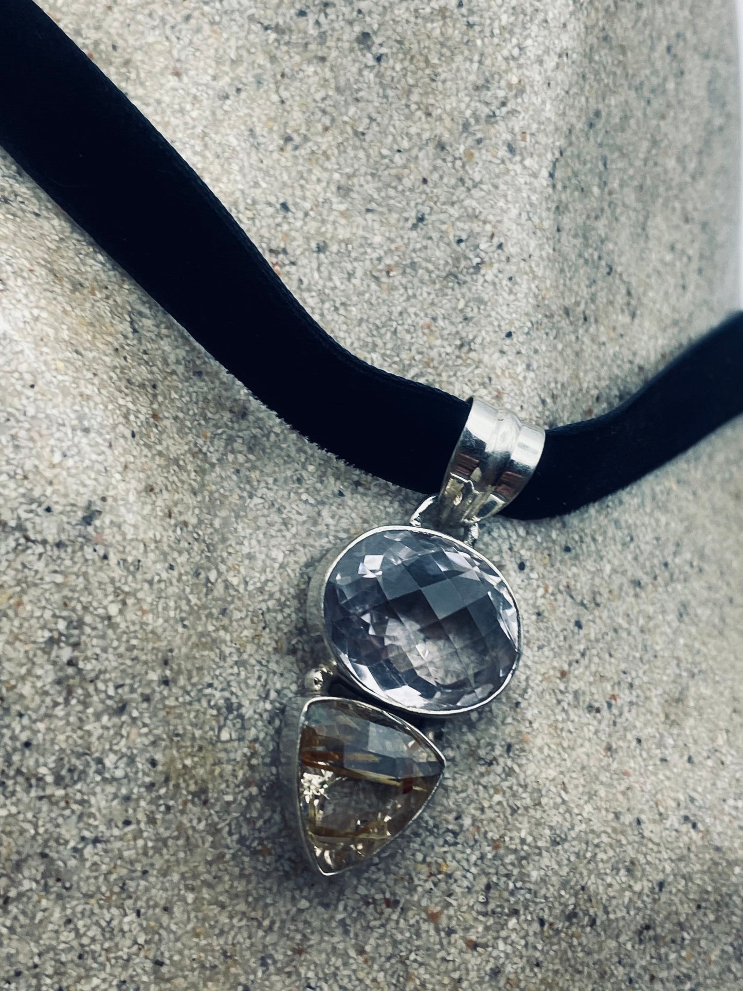 Vintage Rose and Rutilated Quartz Choker Pendant 925 Sterling Silver
