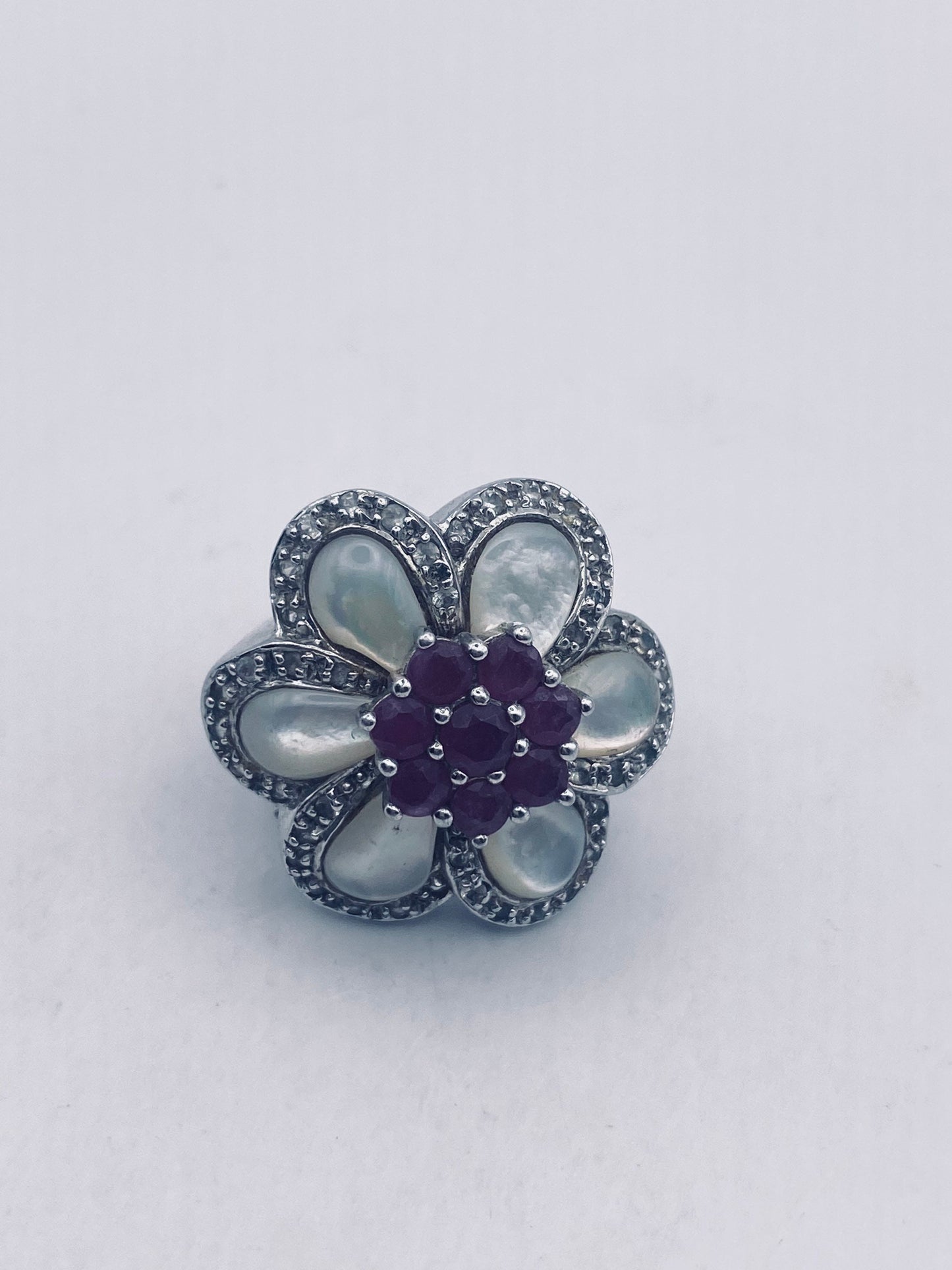 Vintage Pink Ruby Mother of Pearl White Sapphire 925 Sterling Silver Flower Ring