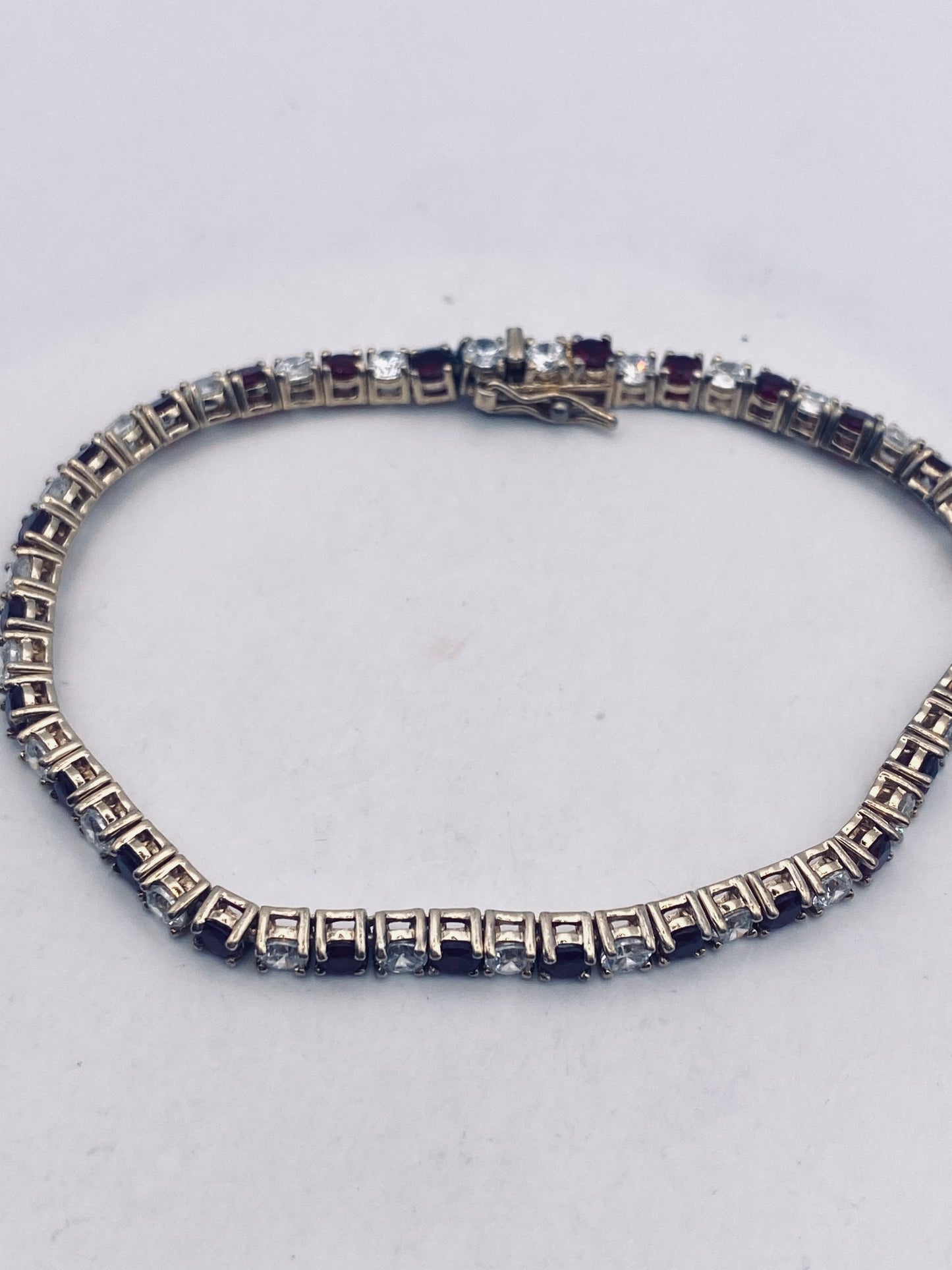 Vintage Bohemian Red Garnet and Cubic Zirconia Bracelet 925 Sterling Silver