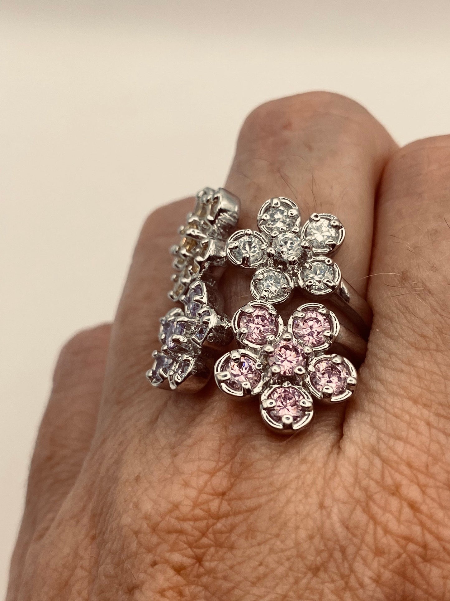 Vintage White yellow pink Sapphire 925 Sterling Silver Cocktail Wedding Band Ring