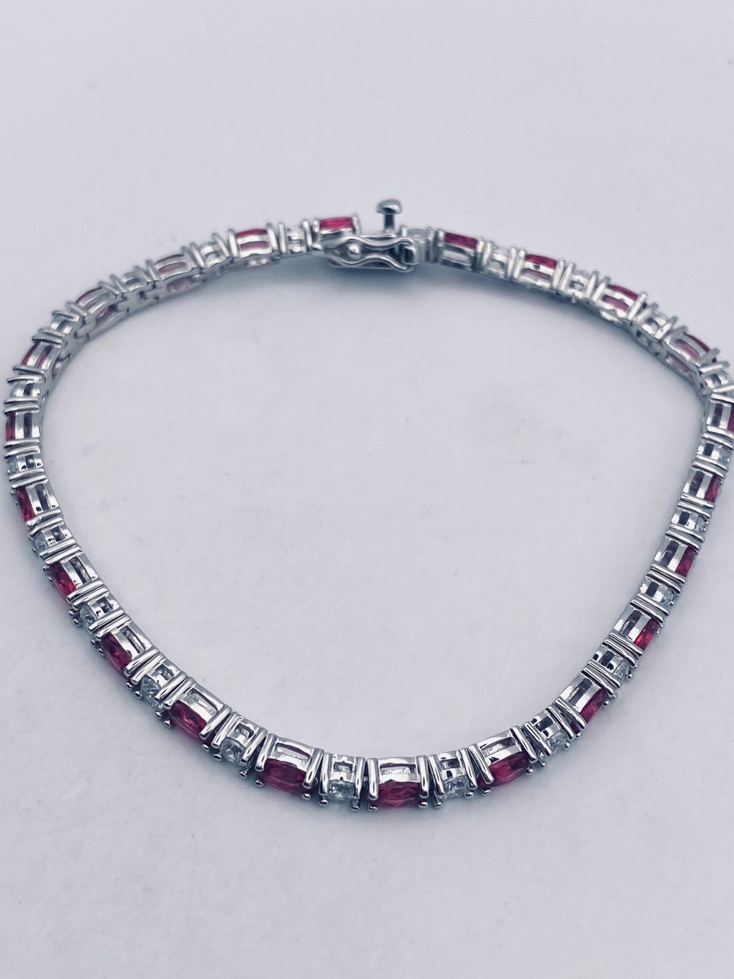 Vintage Red Tourmaline Tennis Bracelet in 925 Sterling Silver 7.5 Inch