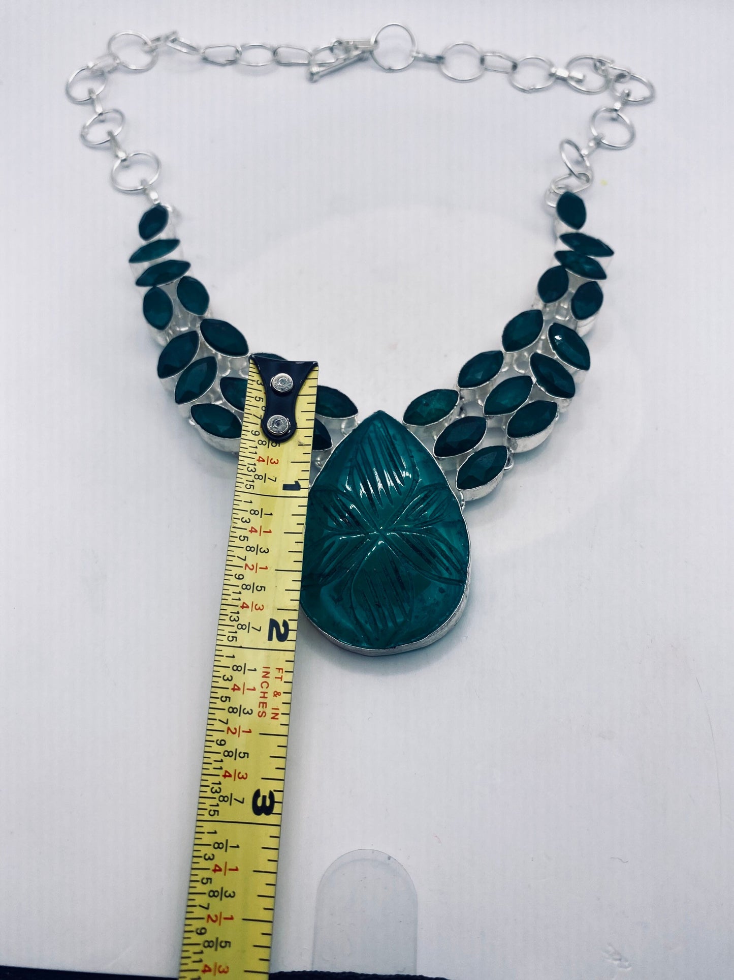 Vintage Green Carved Chrysoprase Raw Emerald Choker Silver Collar Bib Necklace