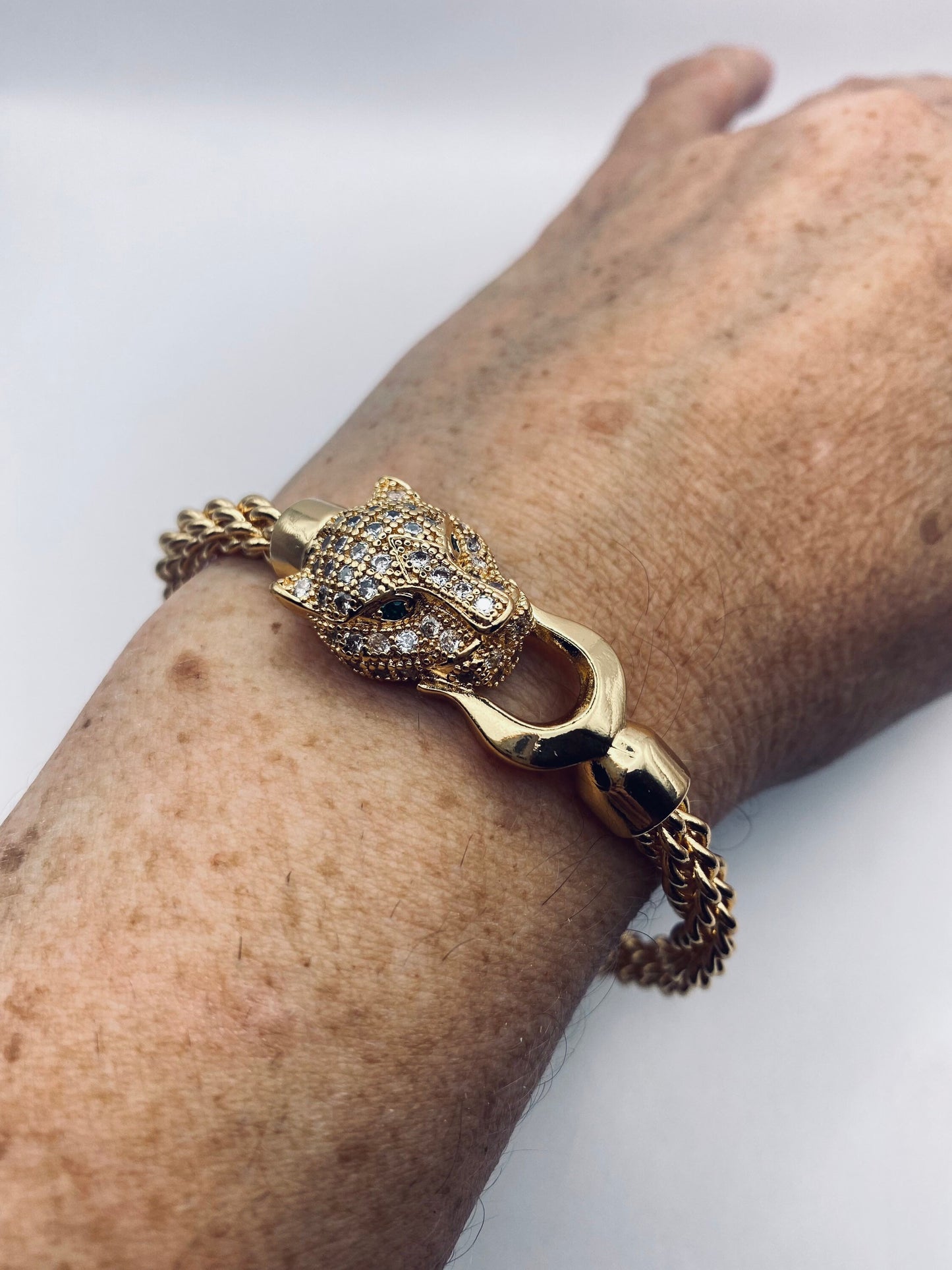 Vintage Cougar Cat Bangle Bracelet Gold filled Green Crystal Eyes