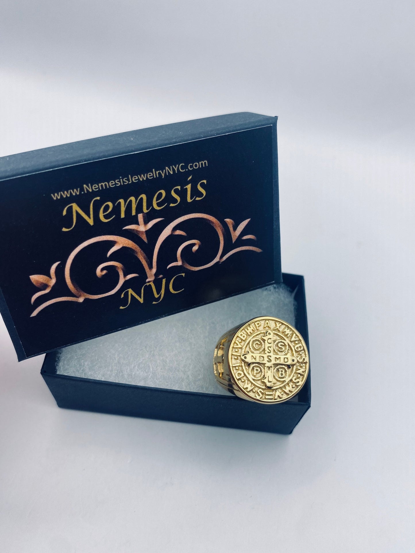 Vintage San Bernardino Golden Stainless Steel Cross Mens Ring Wax Seal