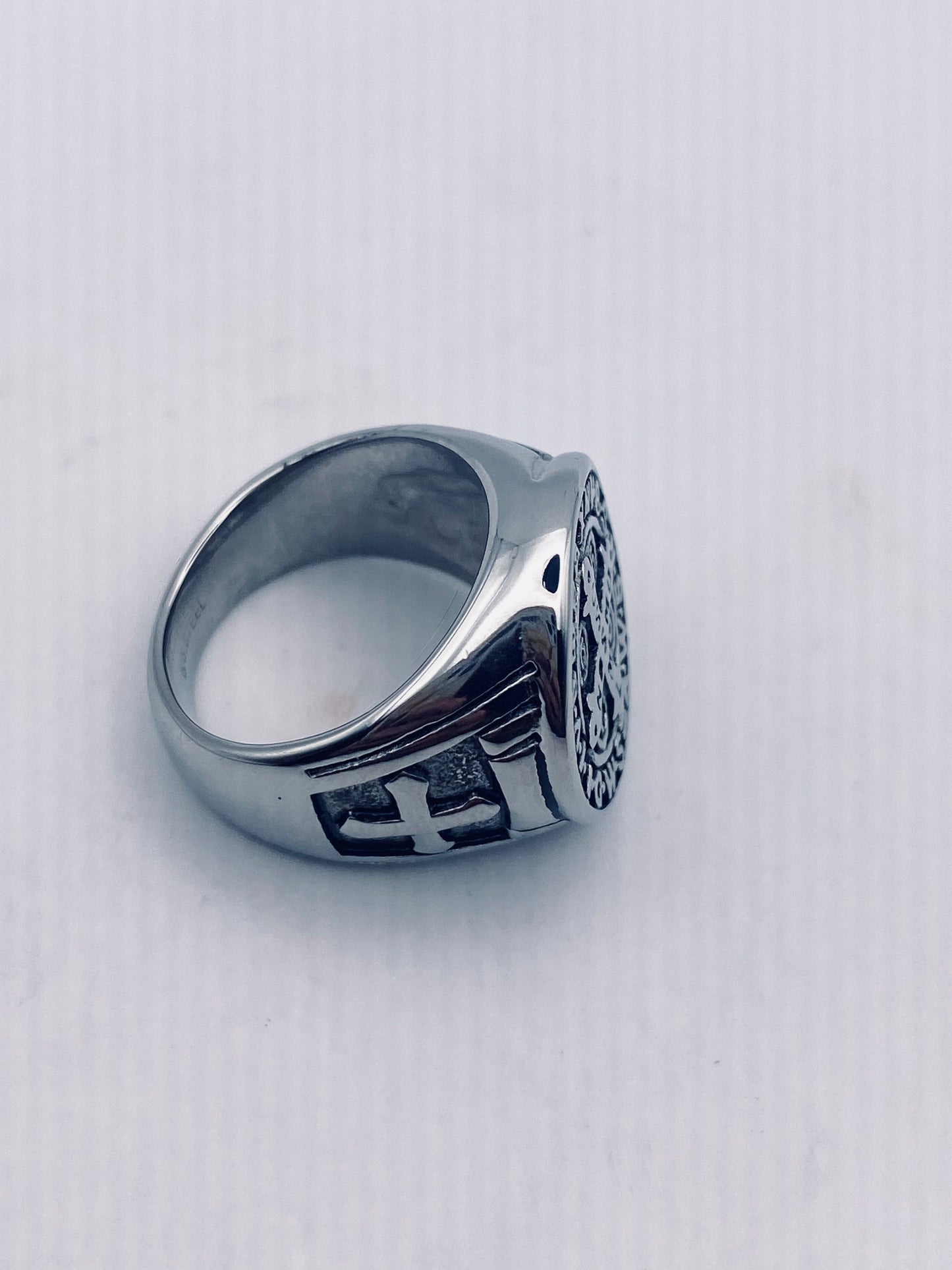 Vintage San Bernardino Stainless Steel Cross Mens Ring Wax Seal