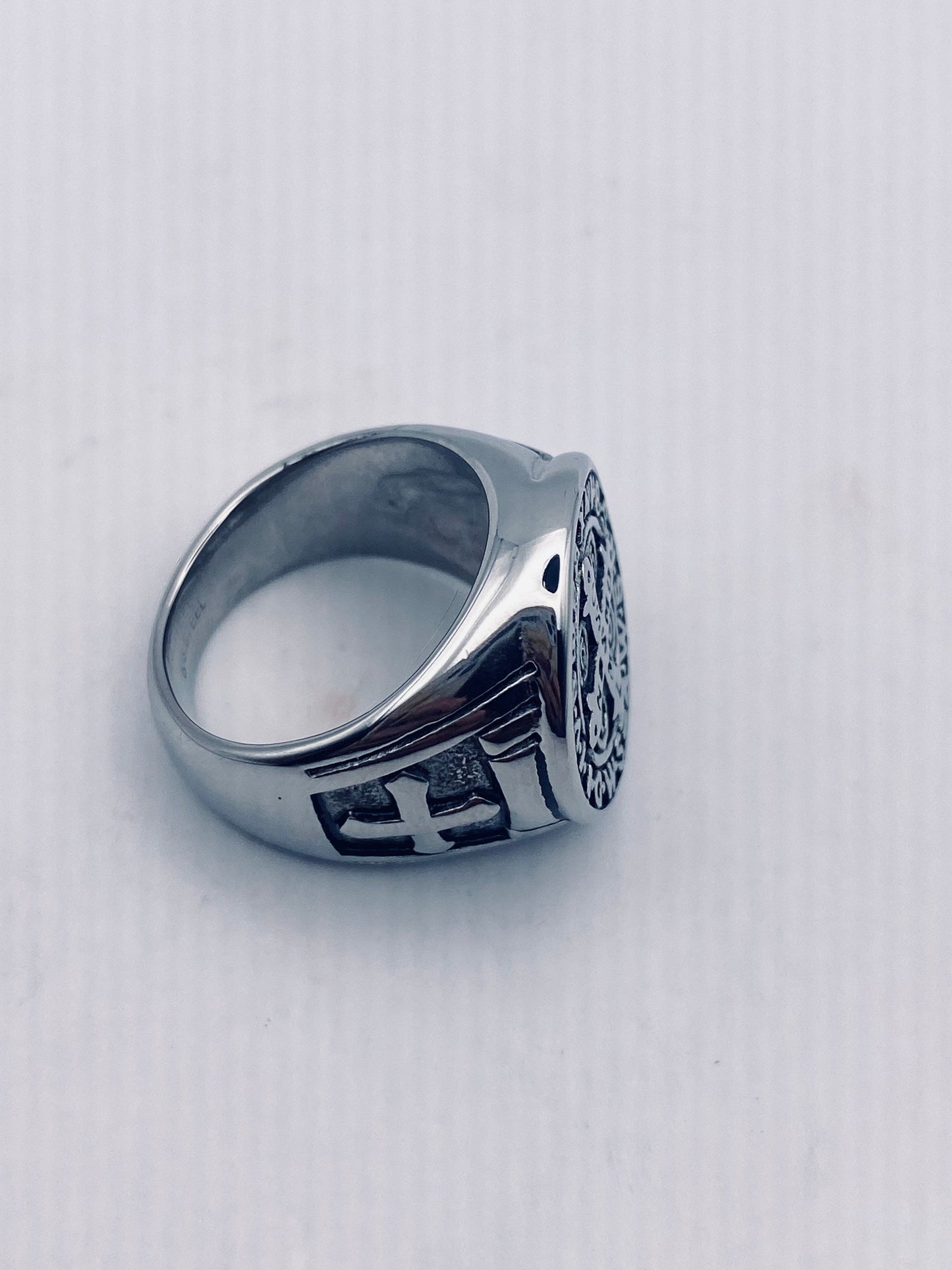 Vintage San Bernardino Stainless Steel Cross Mens Ring Wax Seal