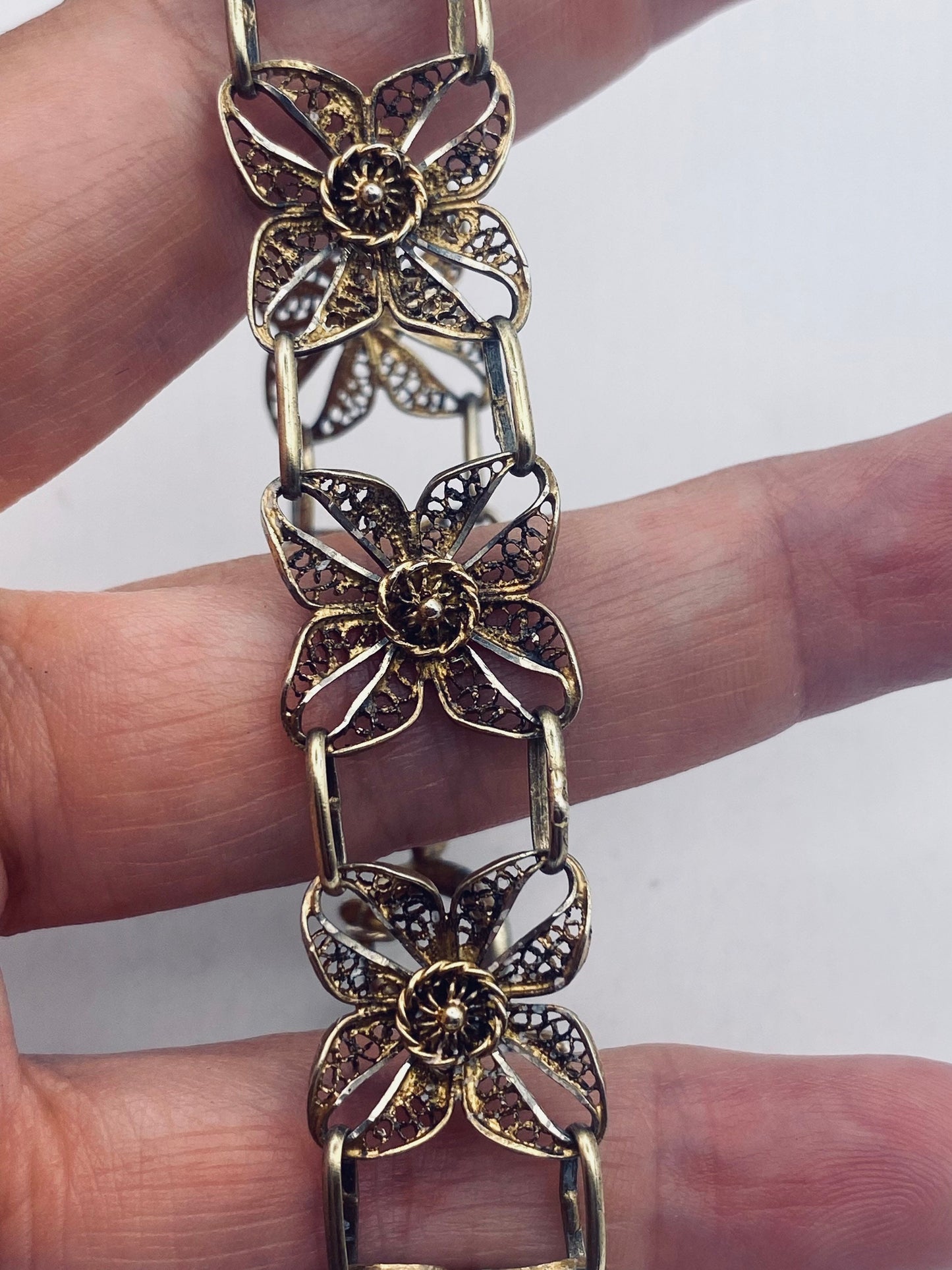 Vintage 925 Sterling Silver Filigree Rose Flower Bracelet