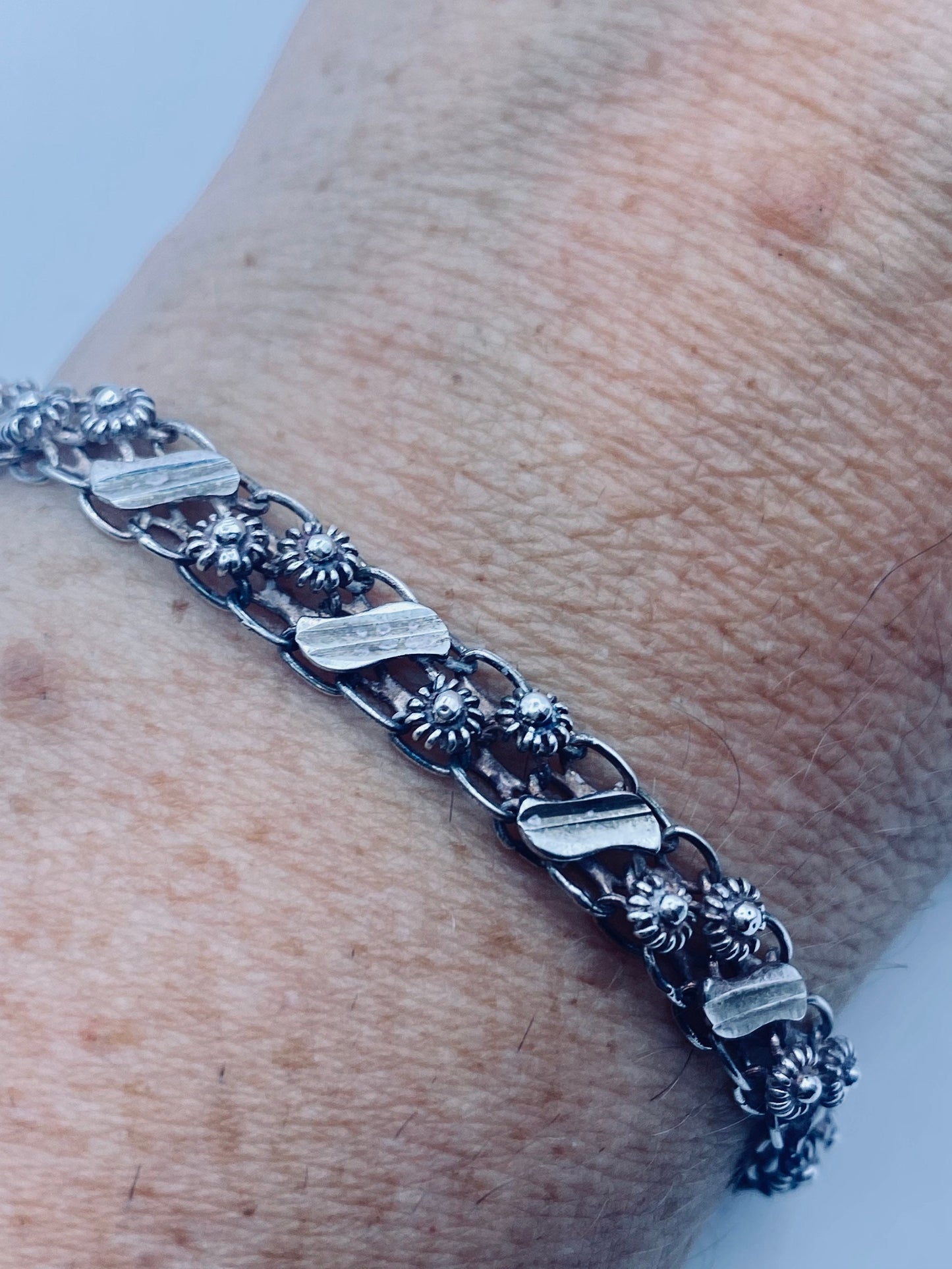 Vintage 925 Sterling Silver Filigree Rose Flower Bracelet