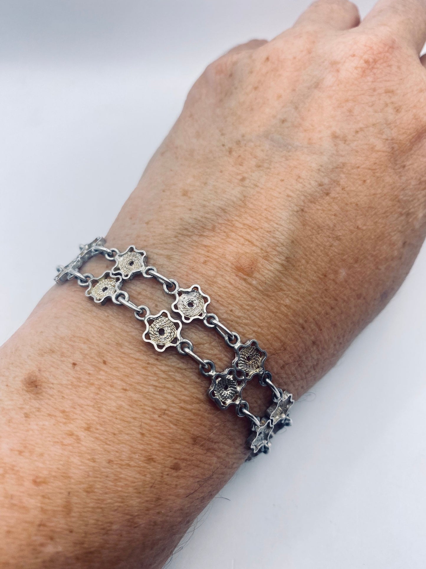 Vintage 925 Sterling Silver Filigree Rose Flower Bracelet