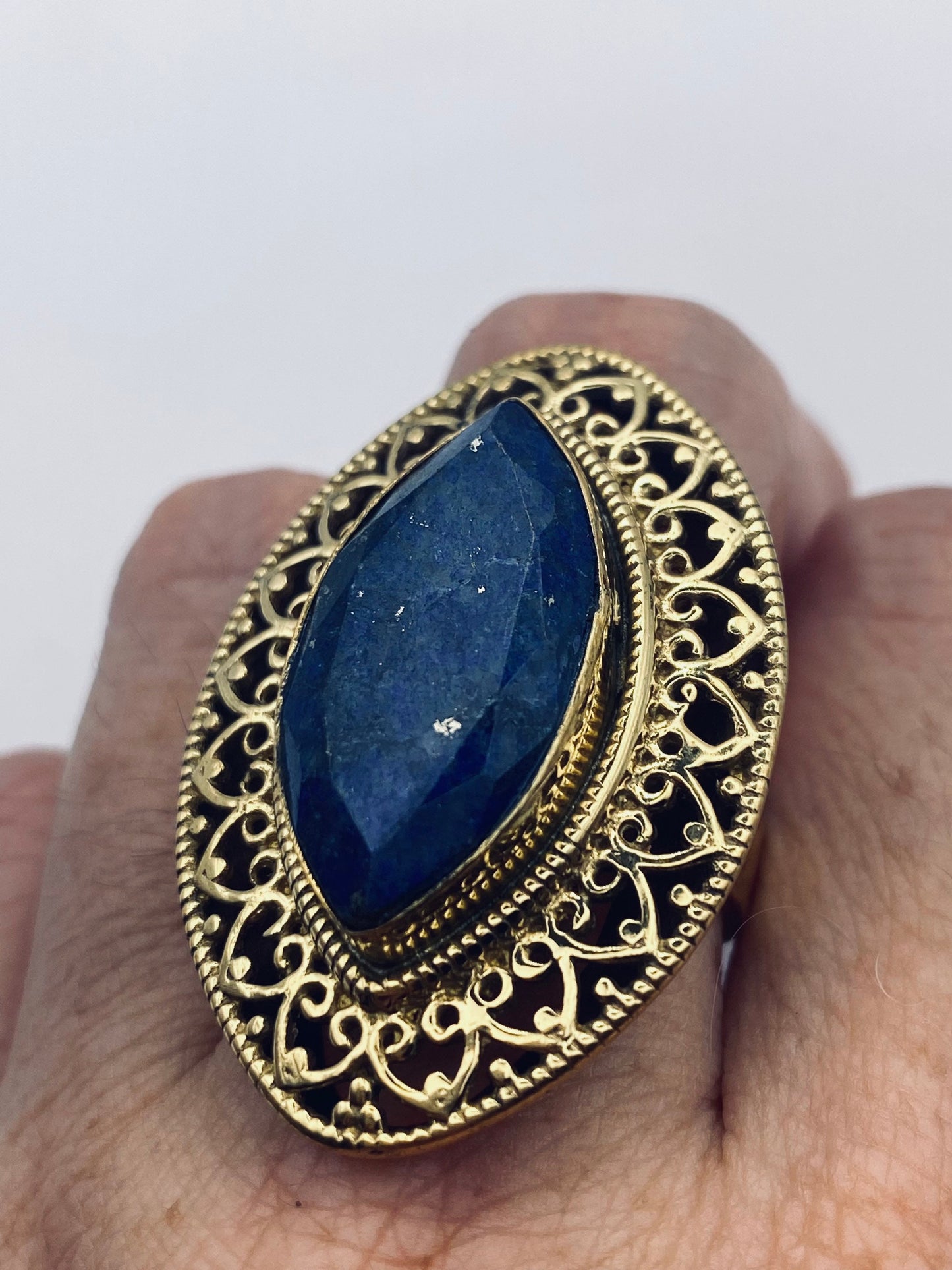 Vintage Lapis Lazuli Gold Bronze Cocktail Ring