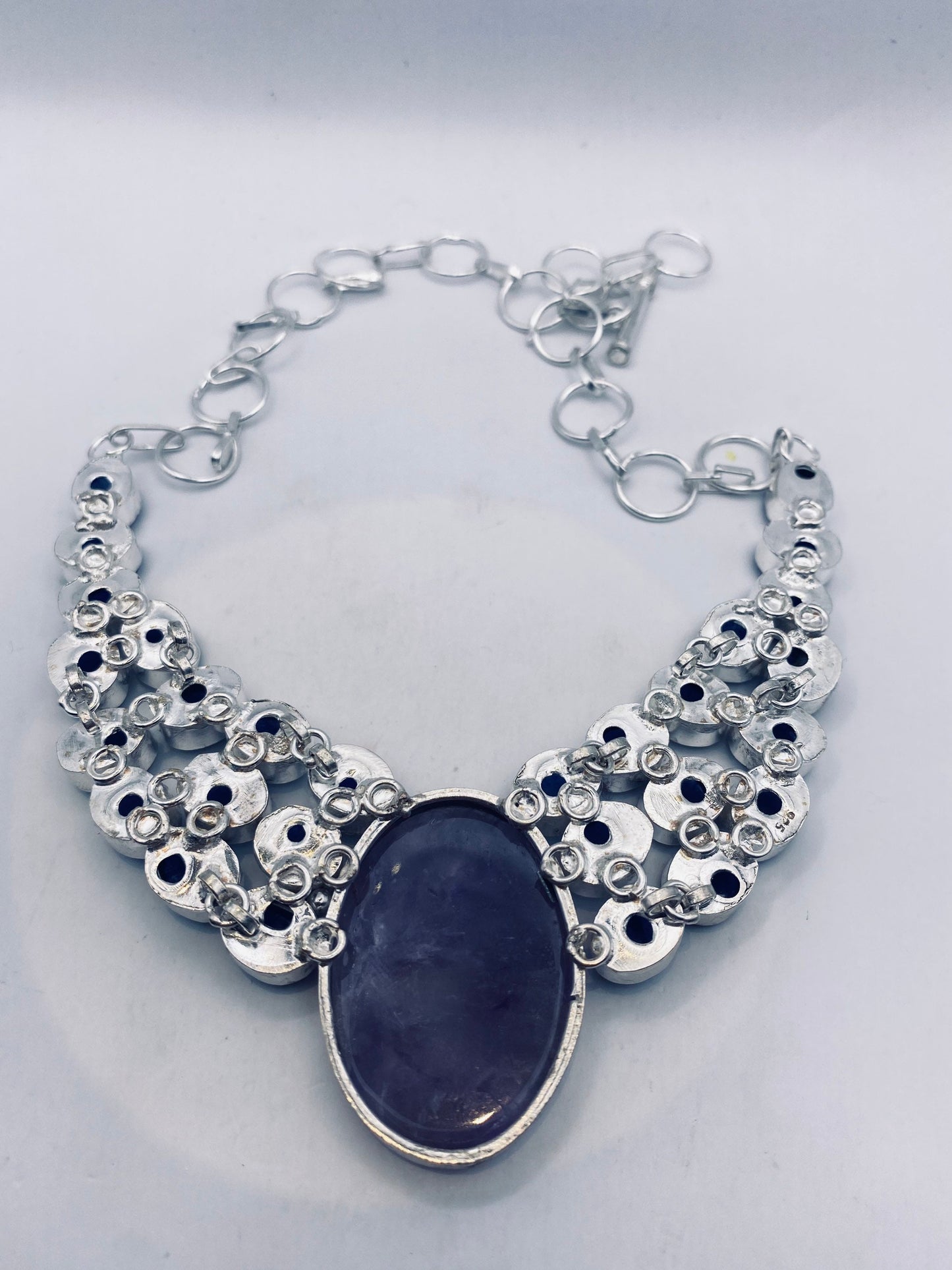 Vintage Blue Sodalite Colbolt Glass Choker Silver Collar Bib Necklace