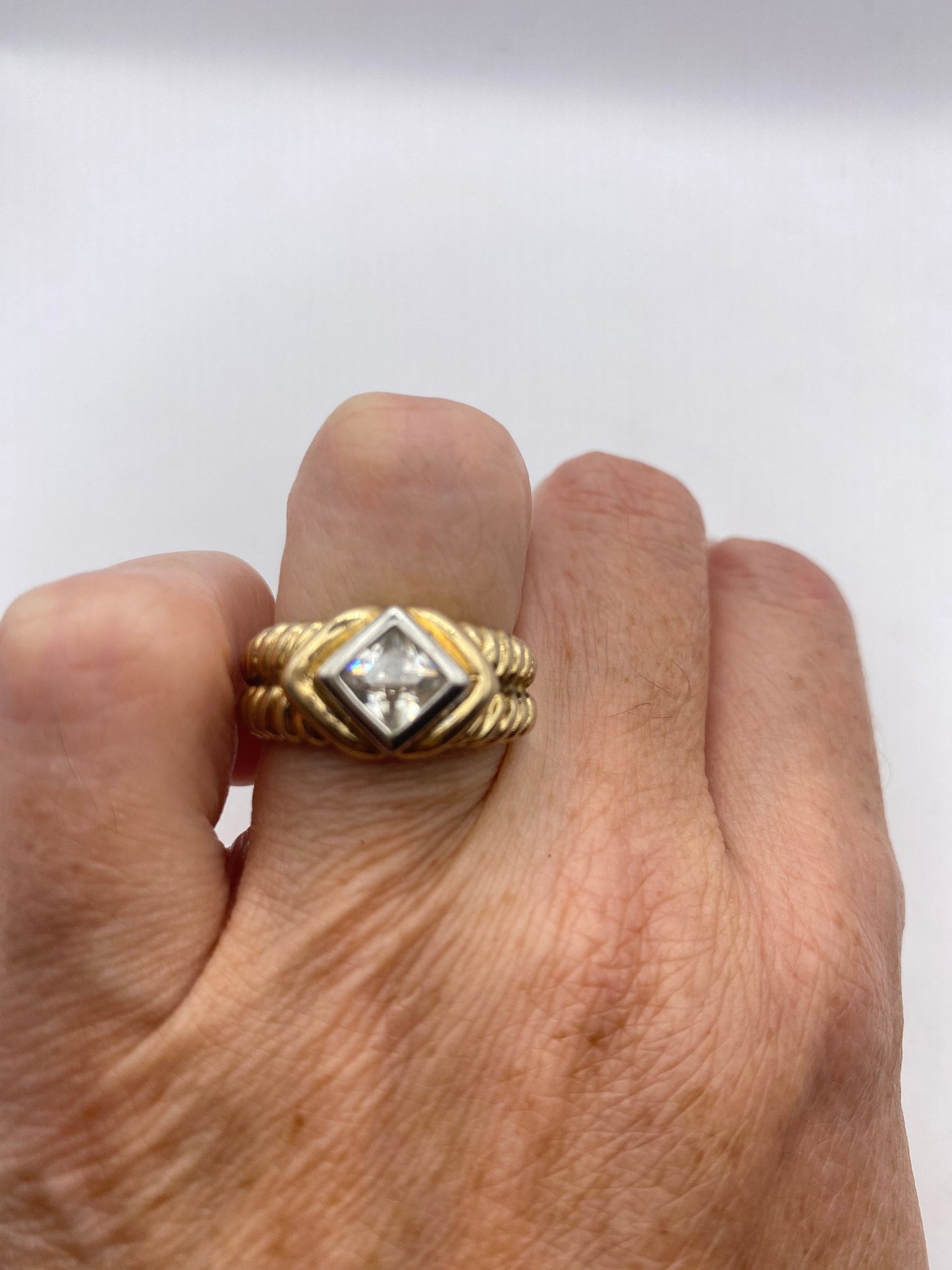 Vintage Cubic Zirconia Crystal Golden Sterling Silver Ring Size 7