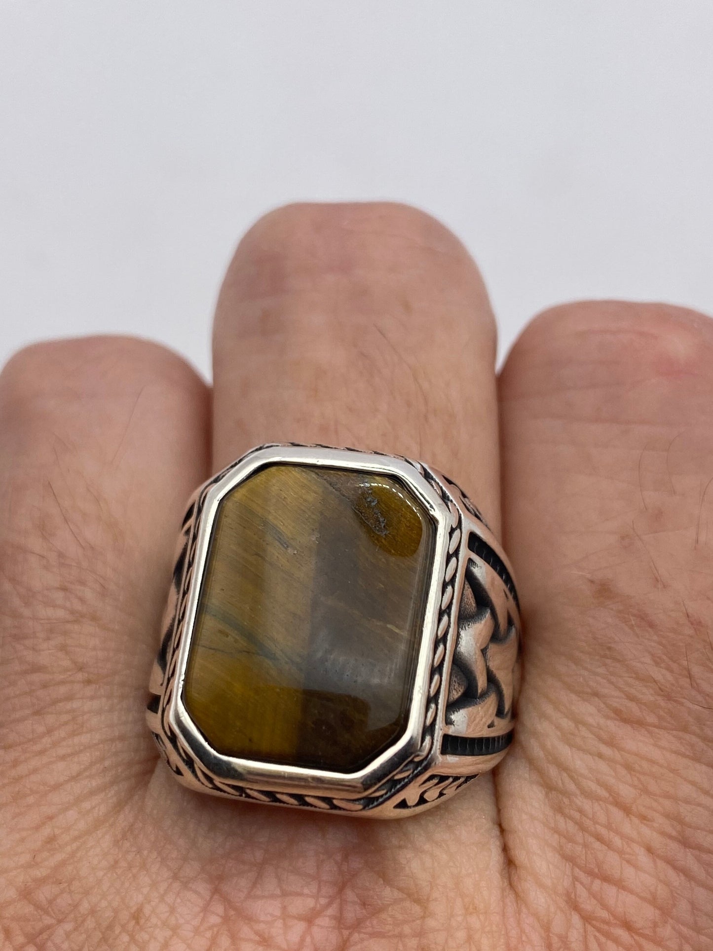 Vintage 925 Sterling Silver Genuine Tigers Eye Mens Ring