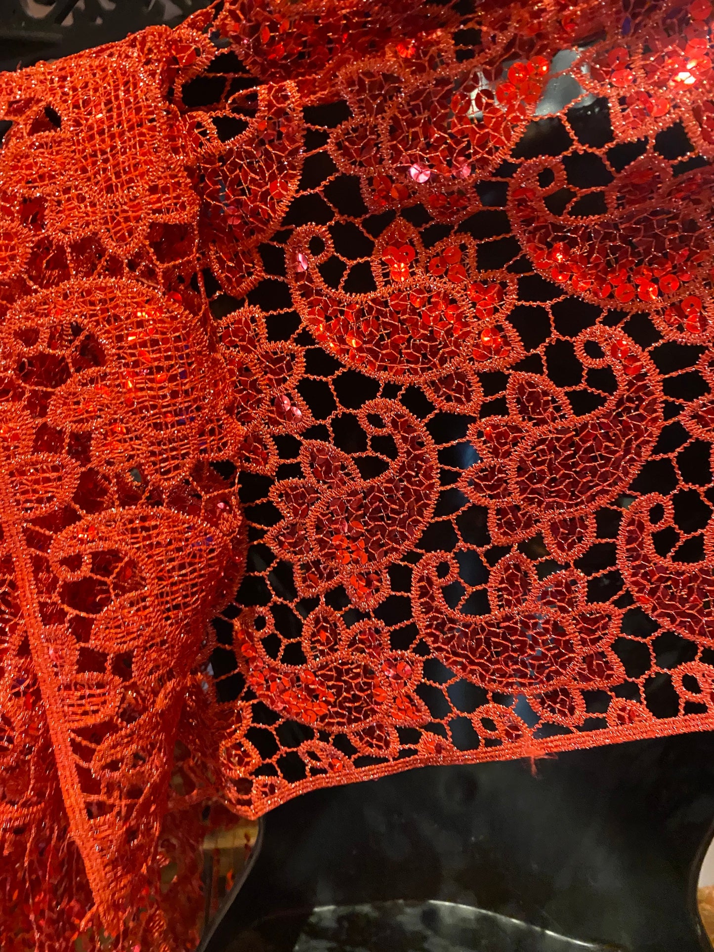 Vintage Style Shawl Wrap | Sheer Red Sequined Embroidered Light Coverup Festival Scarf