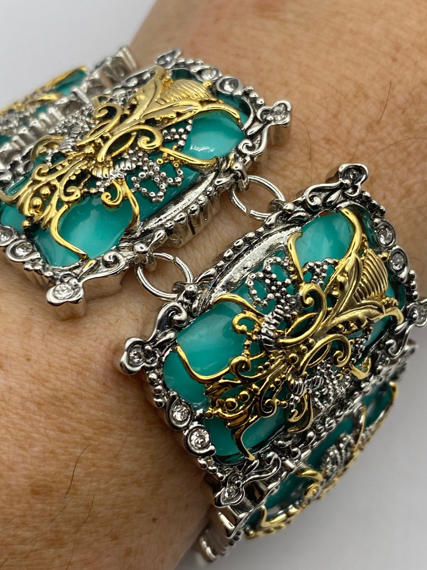 Vintage Austro Green Glass Jade Bracelet Silver Gold Stainless Steel