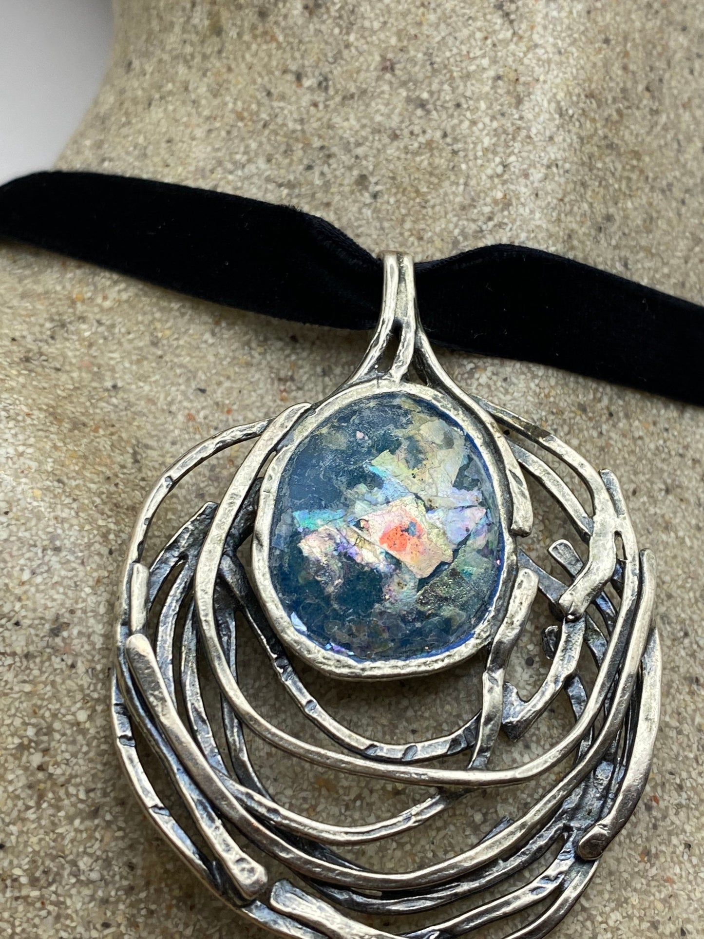 Vintage Ancient Glass 925 Sterling Silver Choker Pendant Necklace