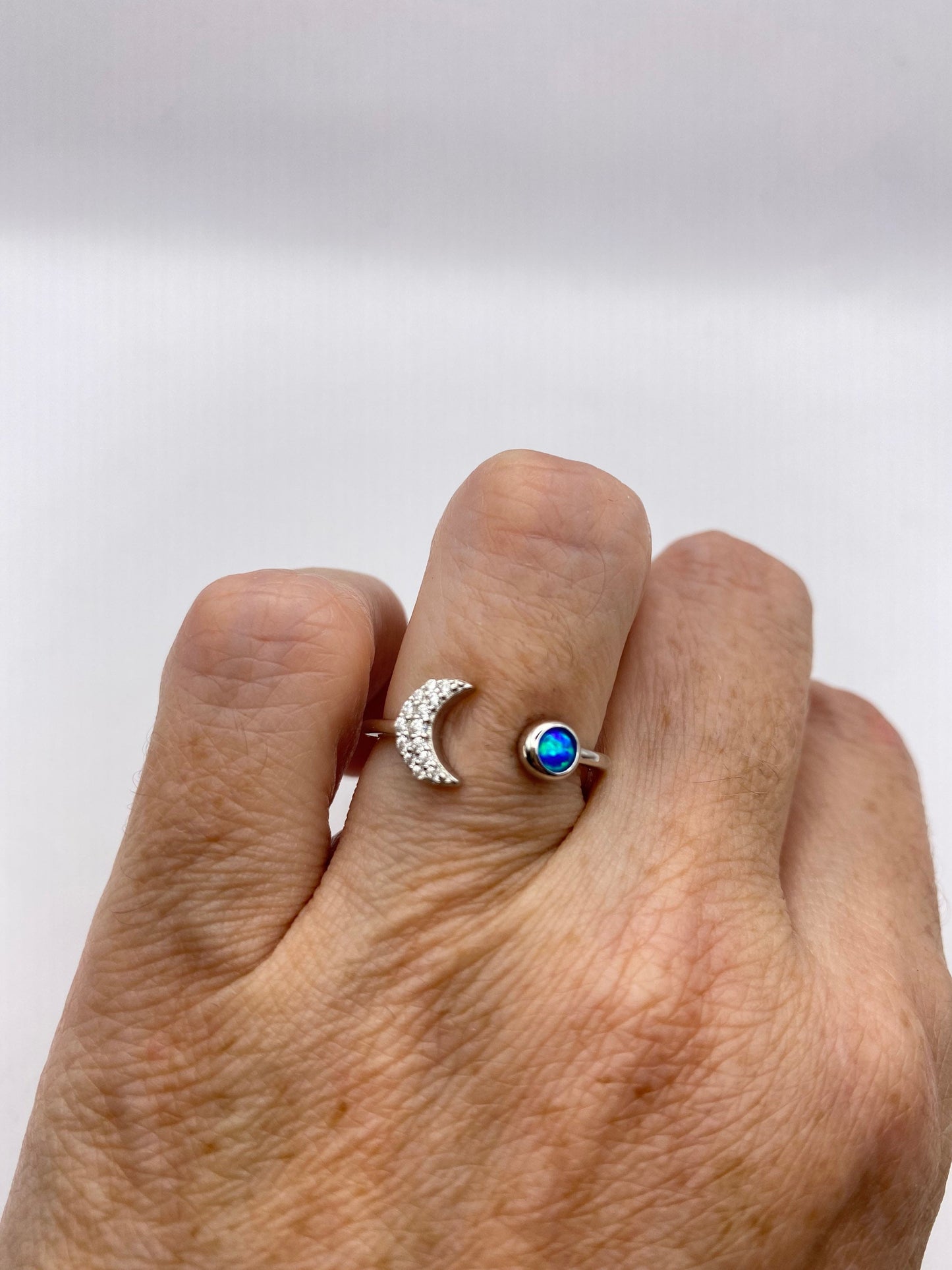 Vintage Ethiopian Fire Opal Moon and Star Adjustable Band 925 Sterling Silver Ring