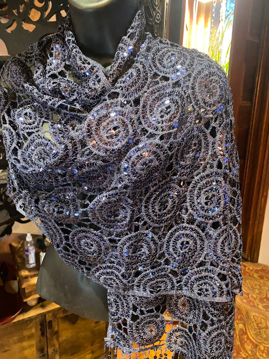 Vintage Styled Sheer Navy Blue Sequined Embroidered Wrap Shawl