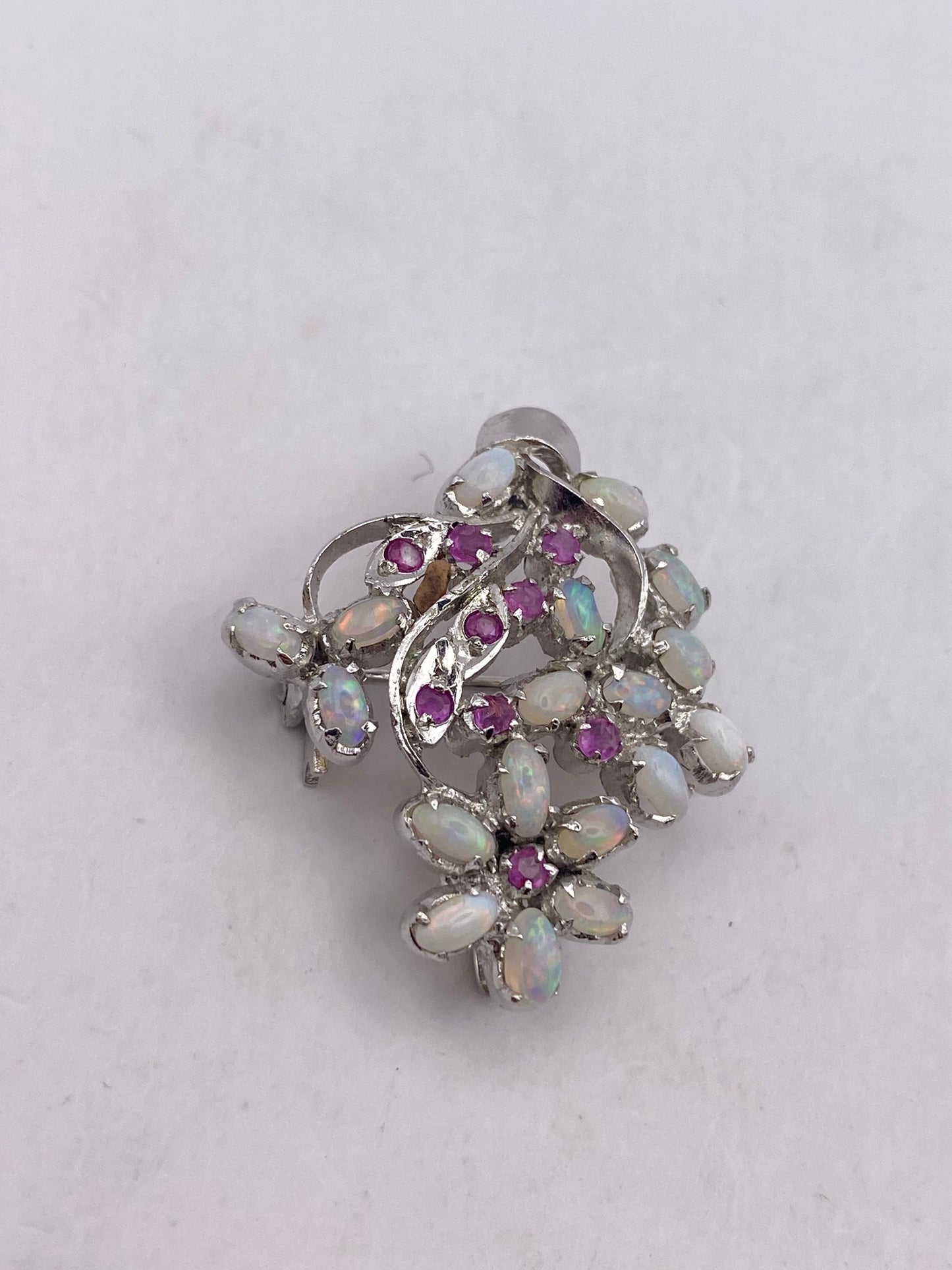 Vintage Fire Opal and Genuine Ruby 925 Sterling Silver Rhodium Brooch Necklace