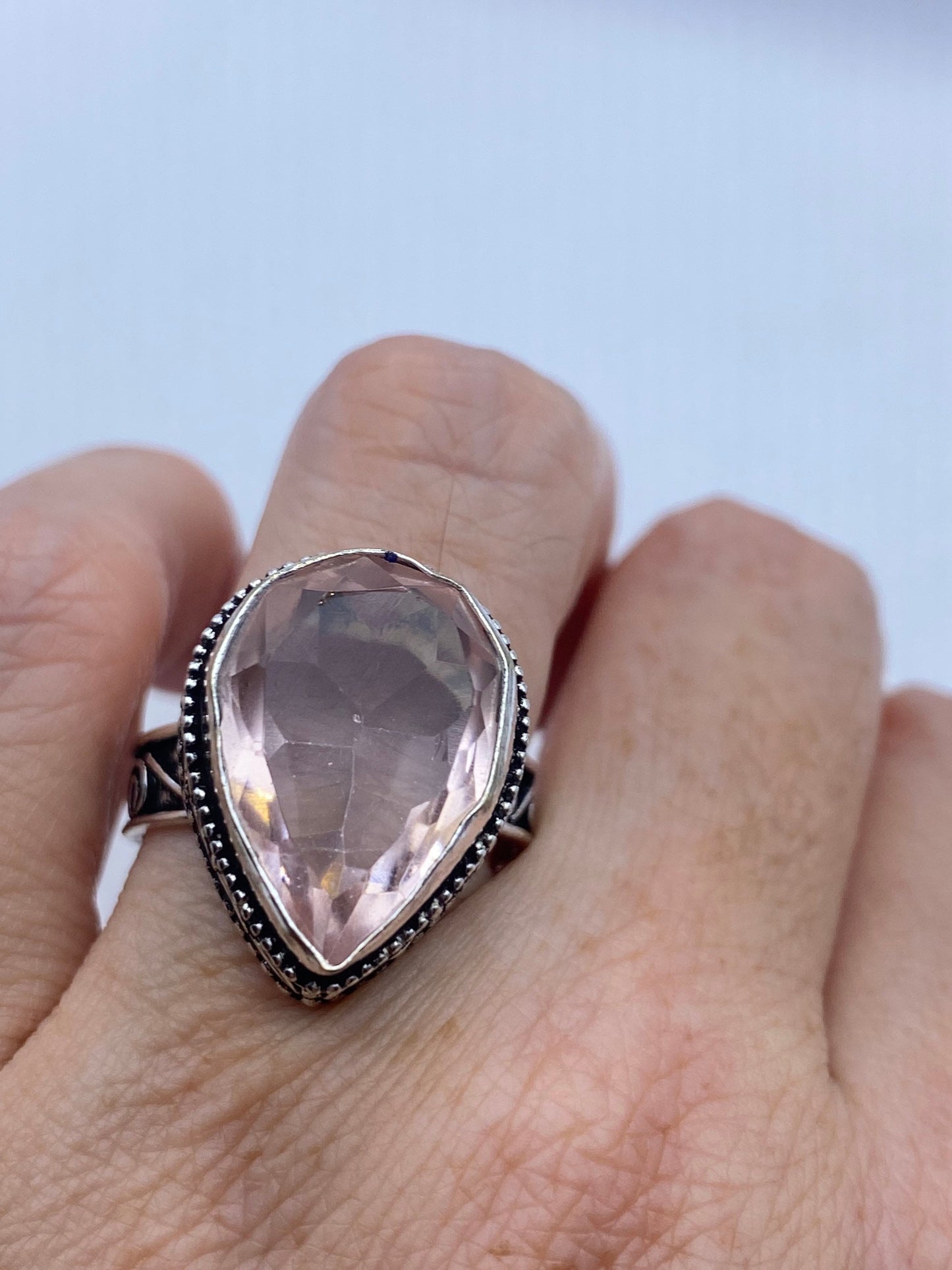 Vintage Pink Rose Quartz Silver Ring