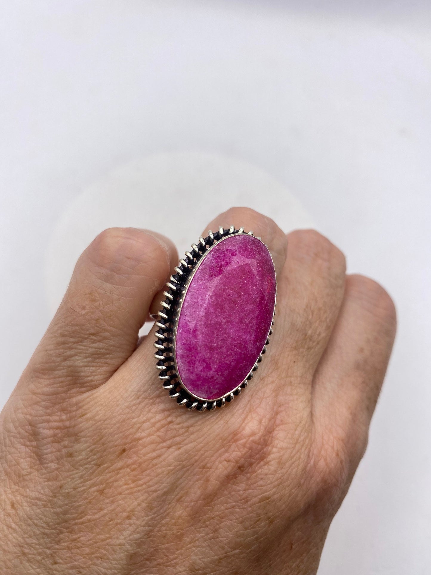 Vintage Raw Pink Ruby Silver Boho Cocktail Ring