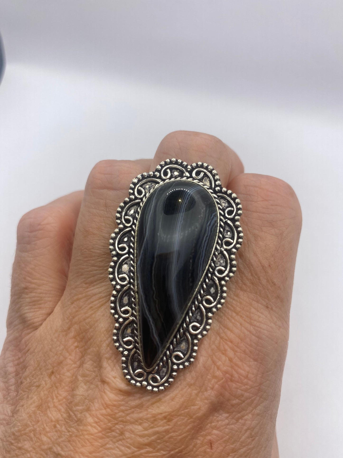 Vintage Black and White Banded Agate White Bronze Silver Cocktail Ring