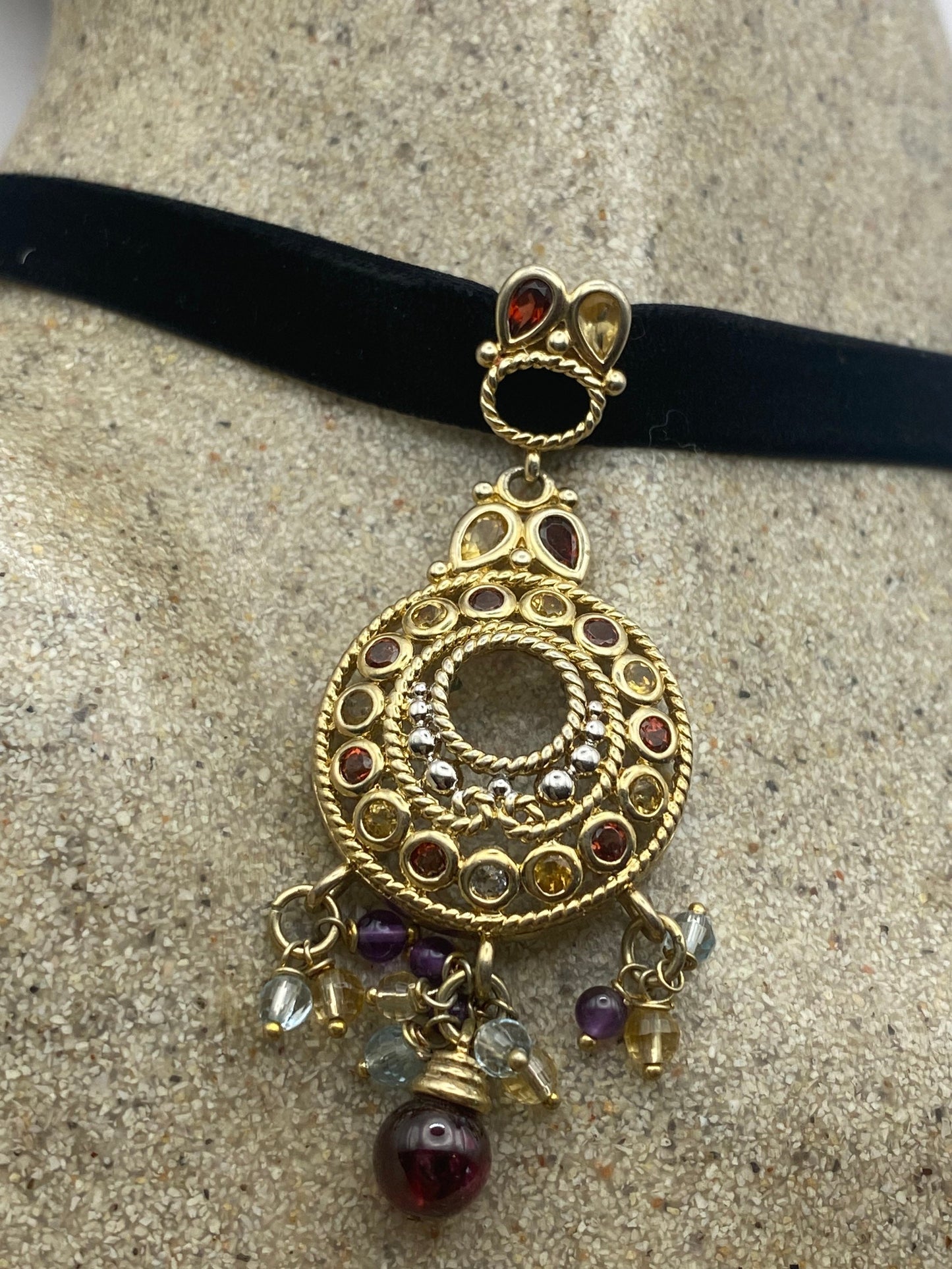 Vintage Golden Choker 925 Sterling Silver Genuine Mixed Gemstone Antique Pendant Necklace