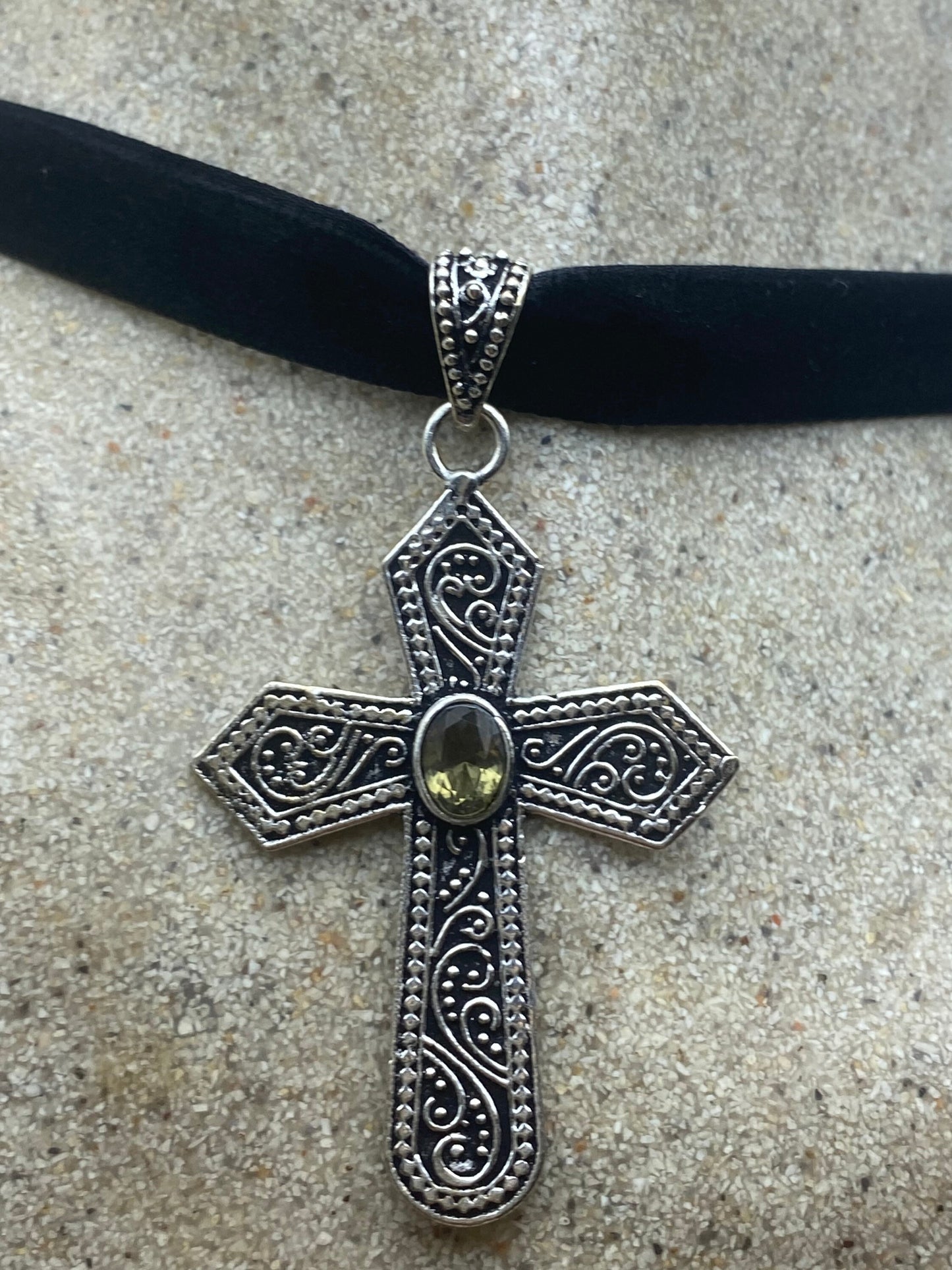 Vintage Smoky Topaz Bronze Silver Cross Pendant