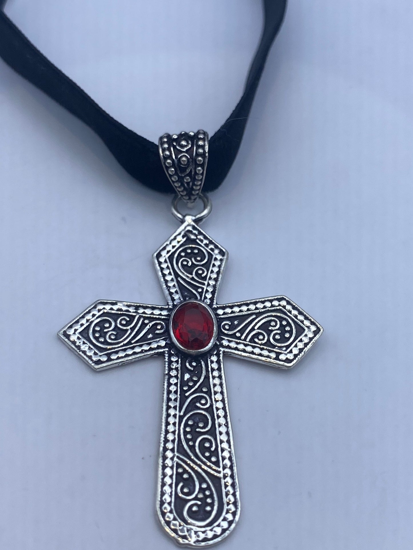 Vintage Red Garnet Glass Bronze Silver Cross Pendant